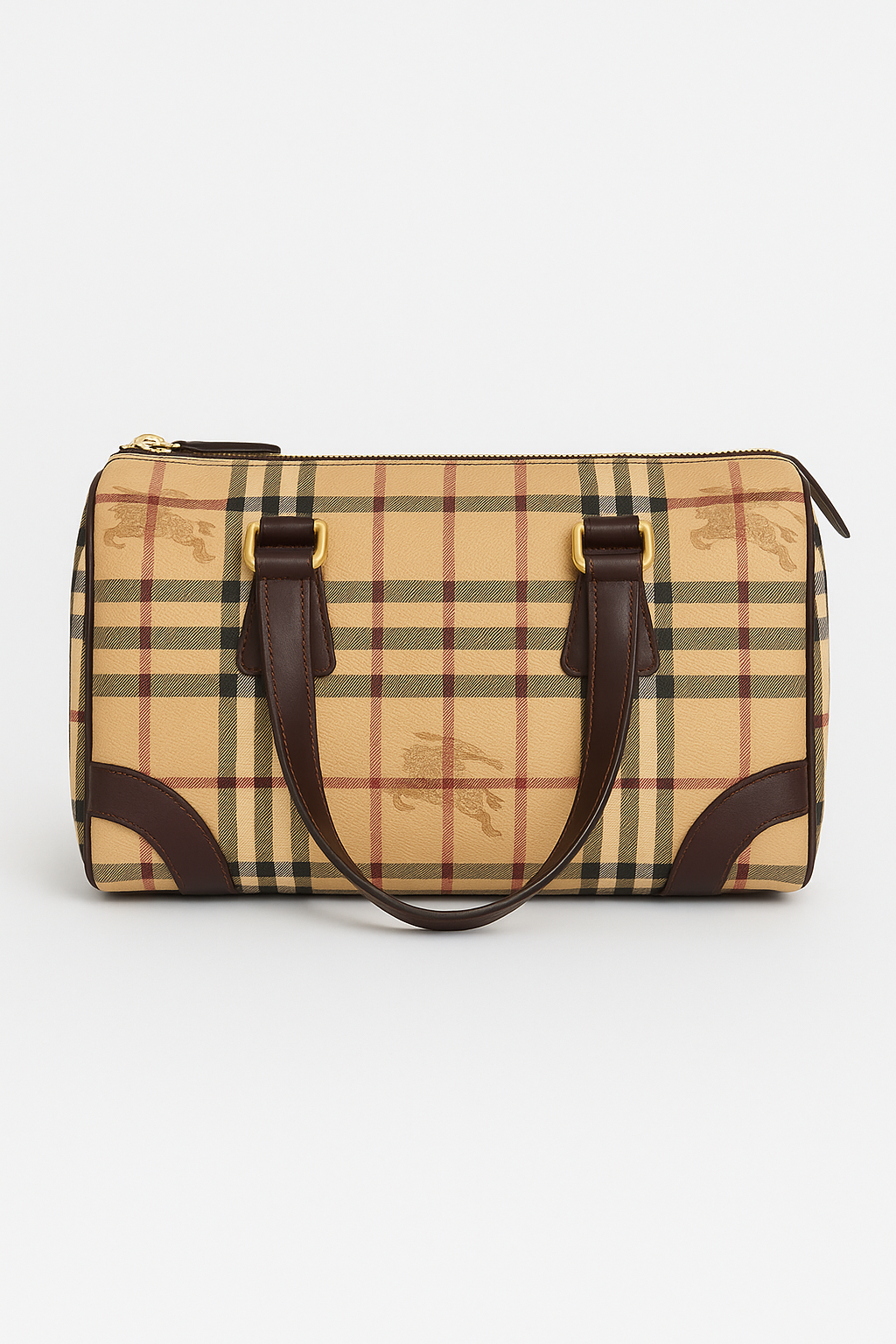 Beige Haymarket Checkered Canvas Boston Bag - GREENIES
