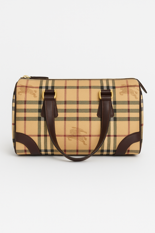 Beige Haymarket Checkered Canvas Boston Bag - GREENIES