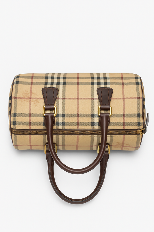 Beige Haymarket Checkered Canvas Boston Bag - GREENIES