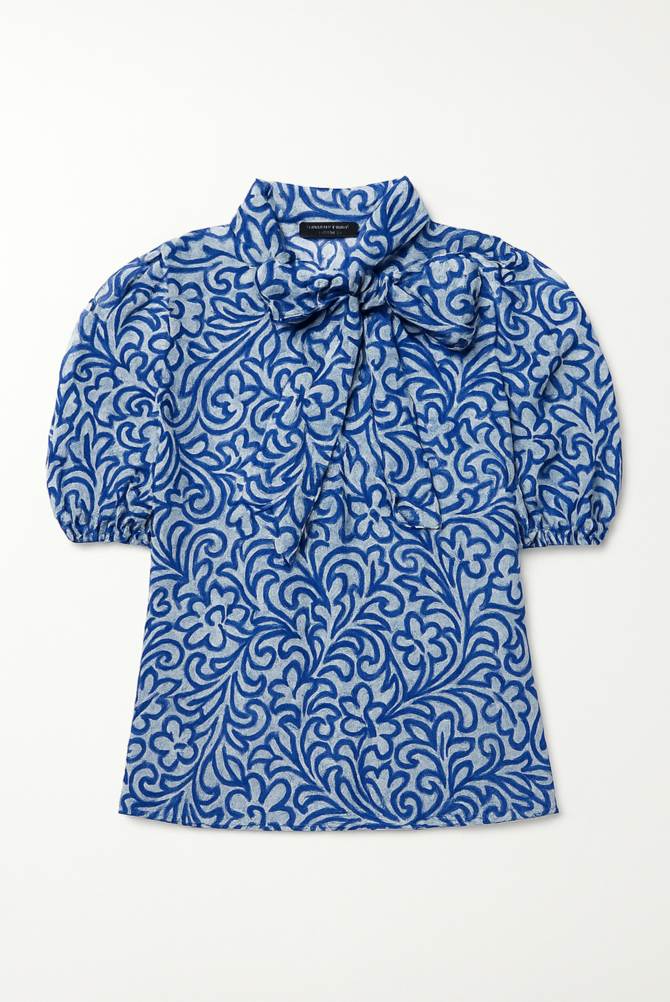 Blue Floral Burnout Tie Neck Blouse - GREENIES