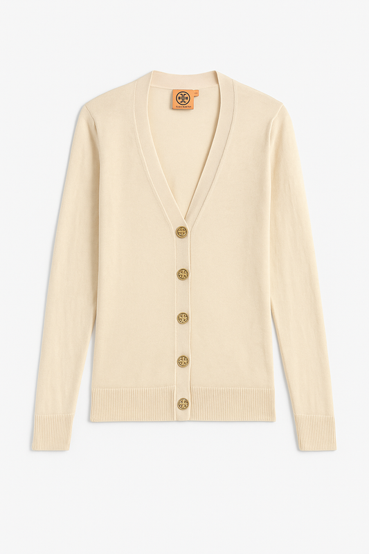 Gold Logo Buttoned Cardigan in Light Beige - GREENIES