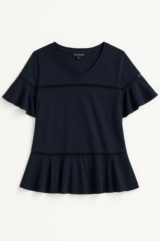 Navy Ruffle Trim Peplum Blouse - GREENIES