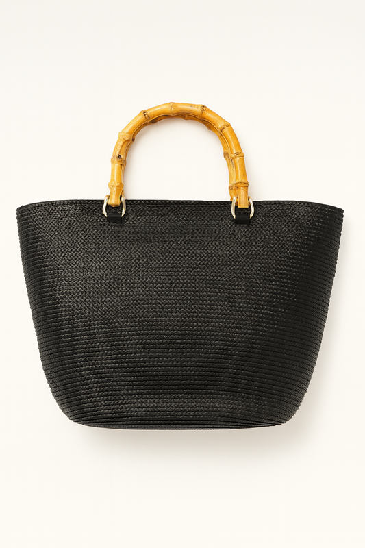 Black Woven Tote with Bamboo Handle - GREENIES