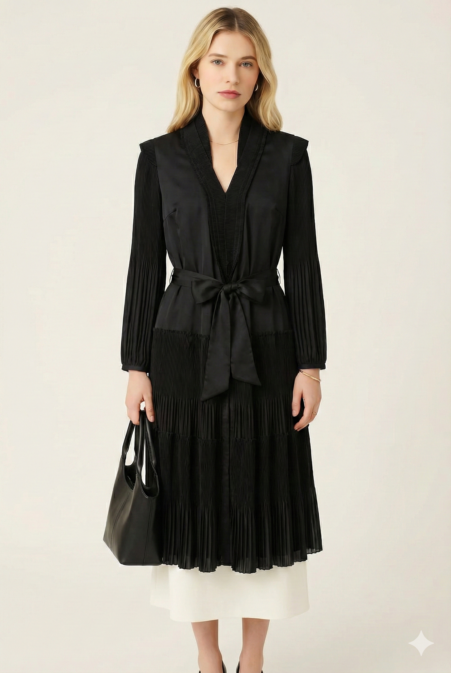 Black Pleated Tie-Waist Dress