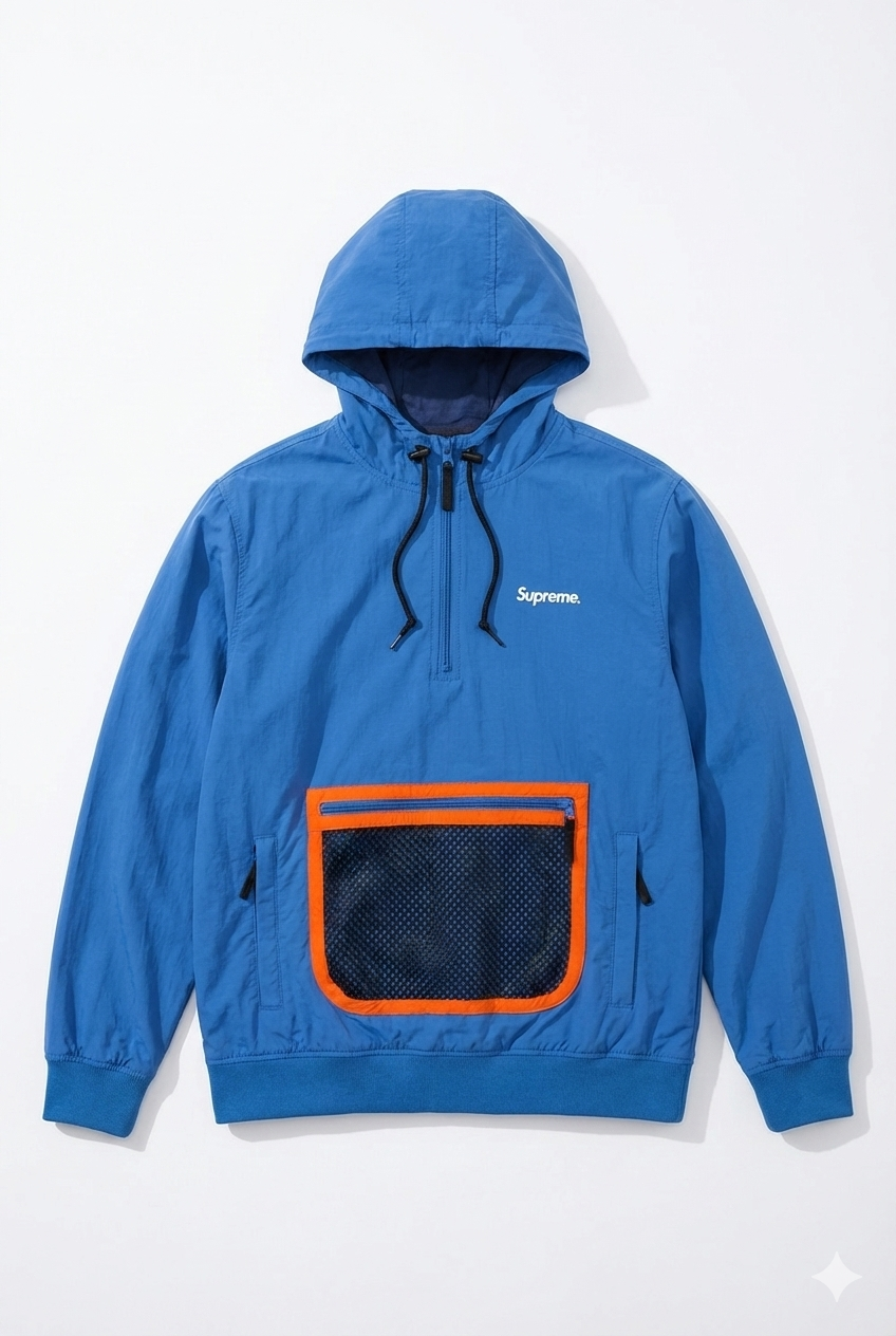 Blue Hooded Anorak Mesh Pocket