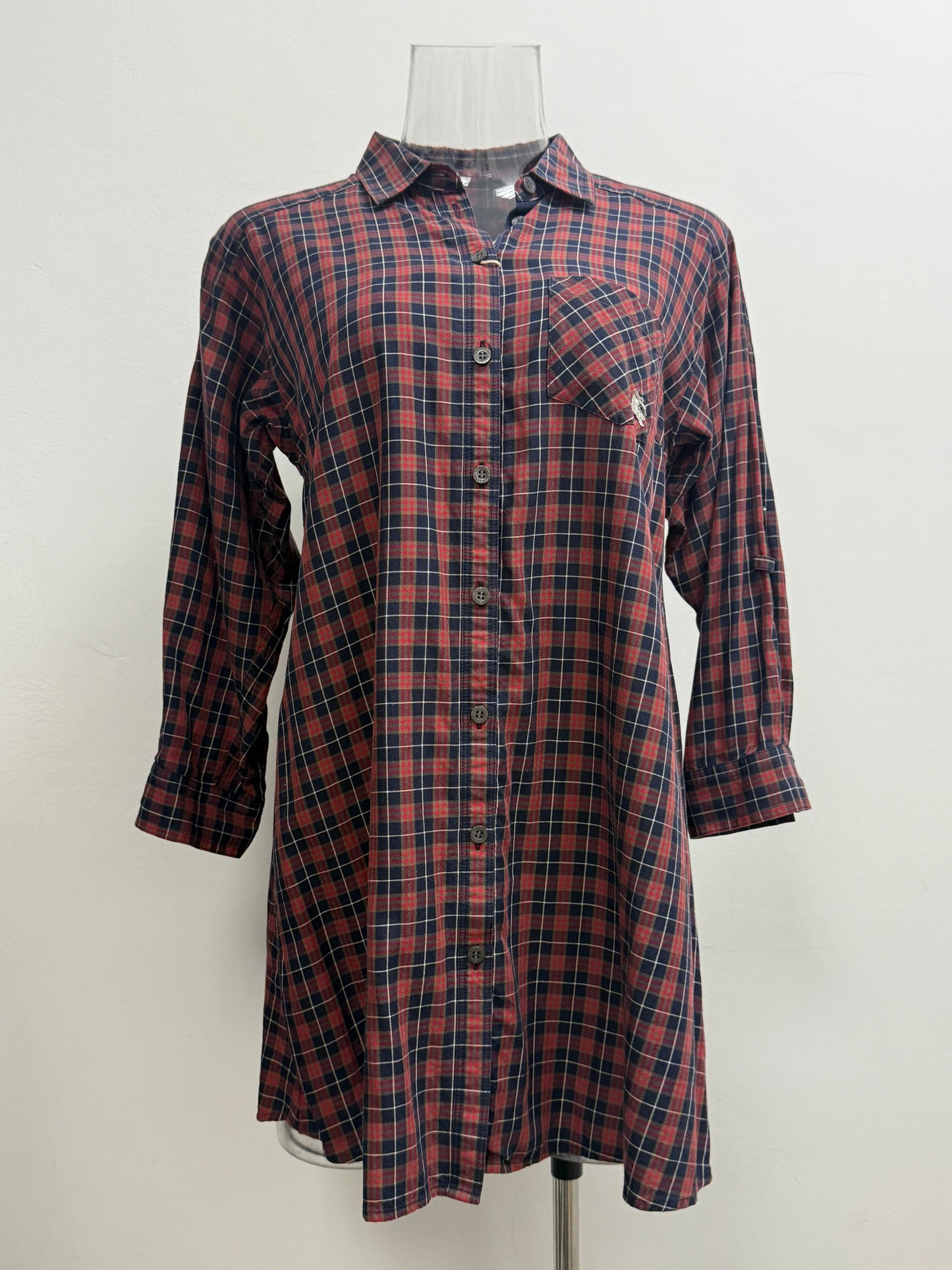 GREENIES Burberry Red Navy Check Long Shirt Dress