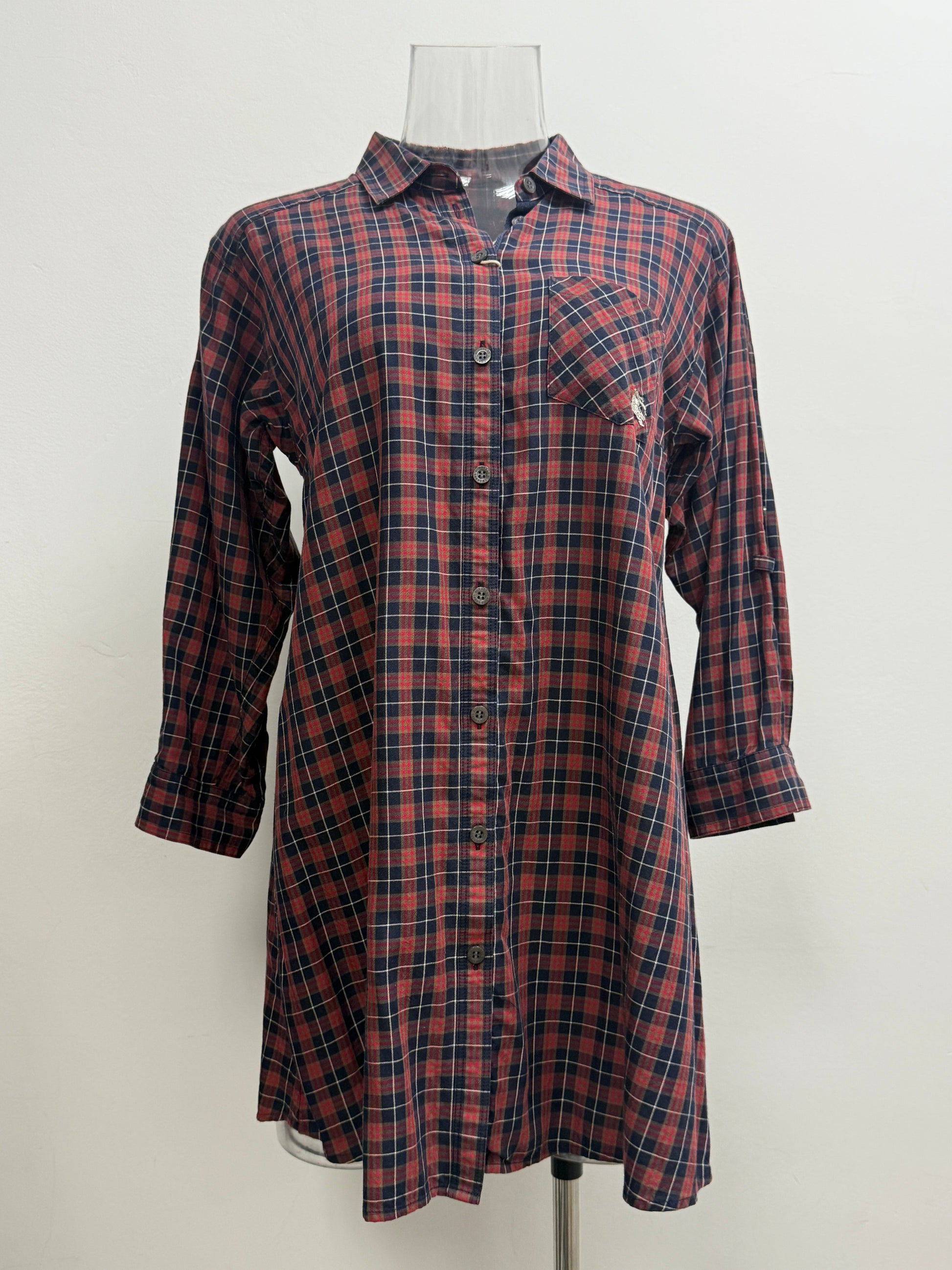 GREENIES Burberry Red Navy Check Long Shirt Dress
