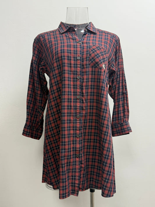 GREENIES Burberry Red Navy Check Long Shirt Dress