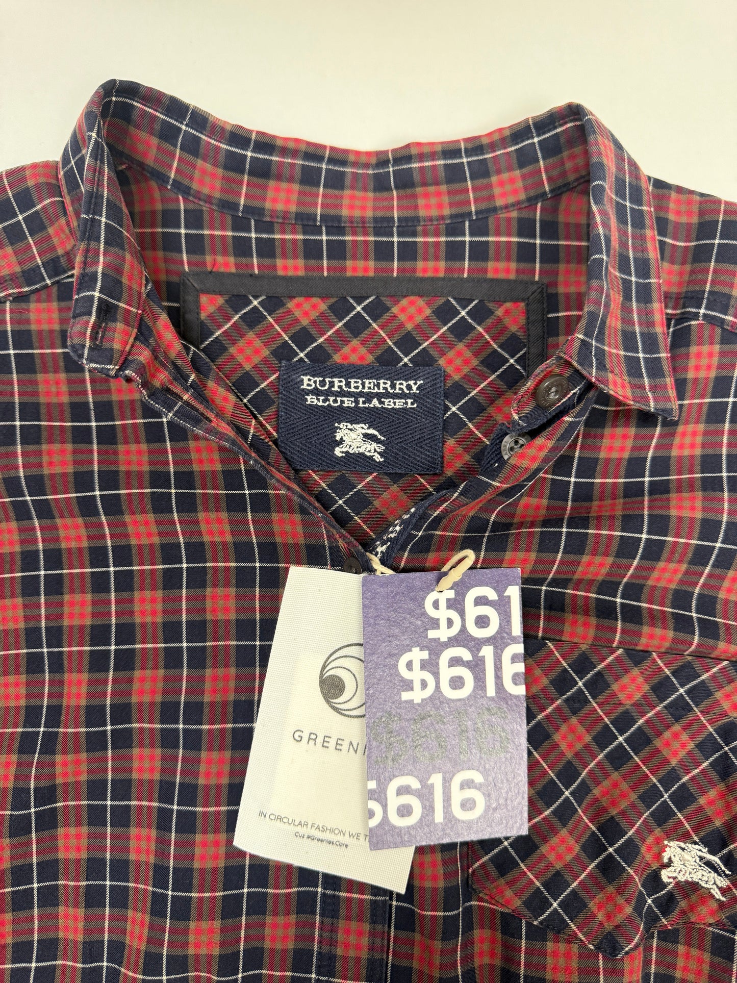 GREENIES Burberry Red Navy Check Long Shirt Dress