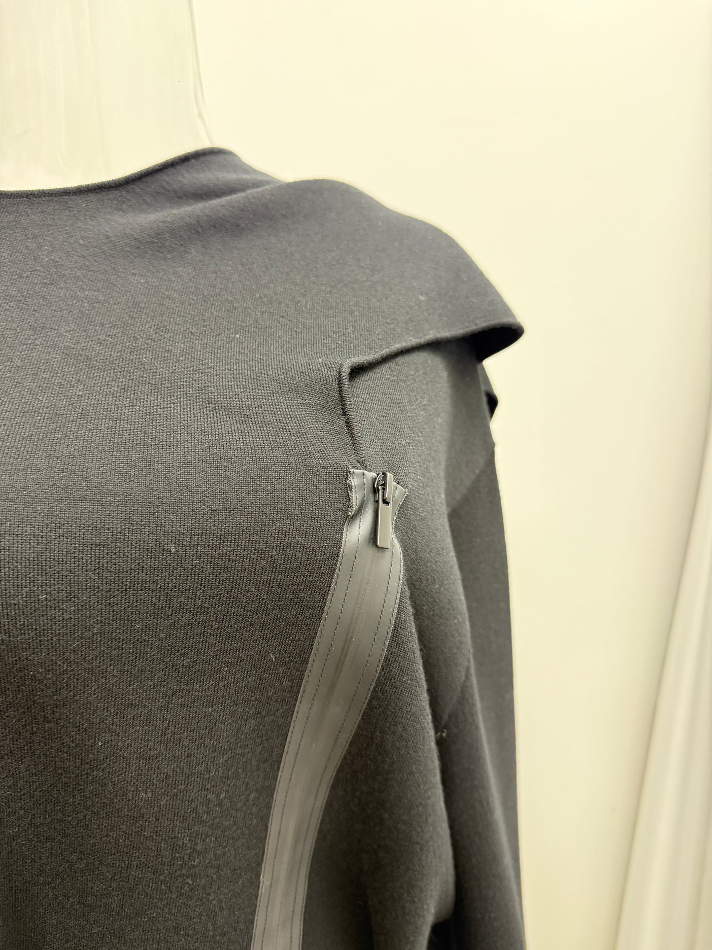 Black Asymmetric Wool Belted Tunic with Rubber‑Zip Detail - GREENIES