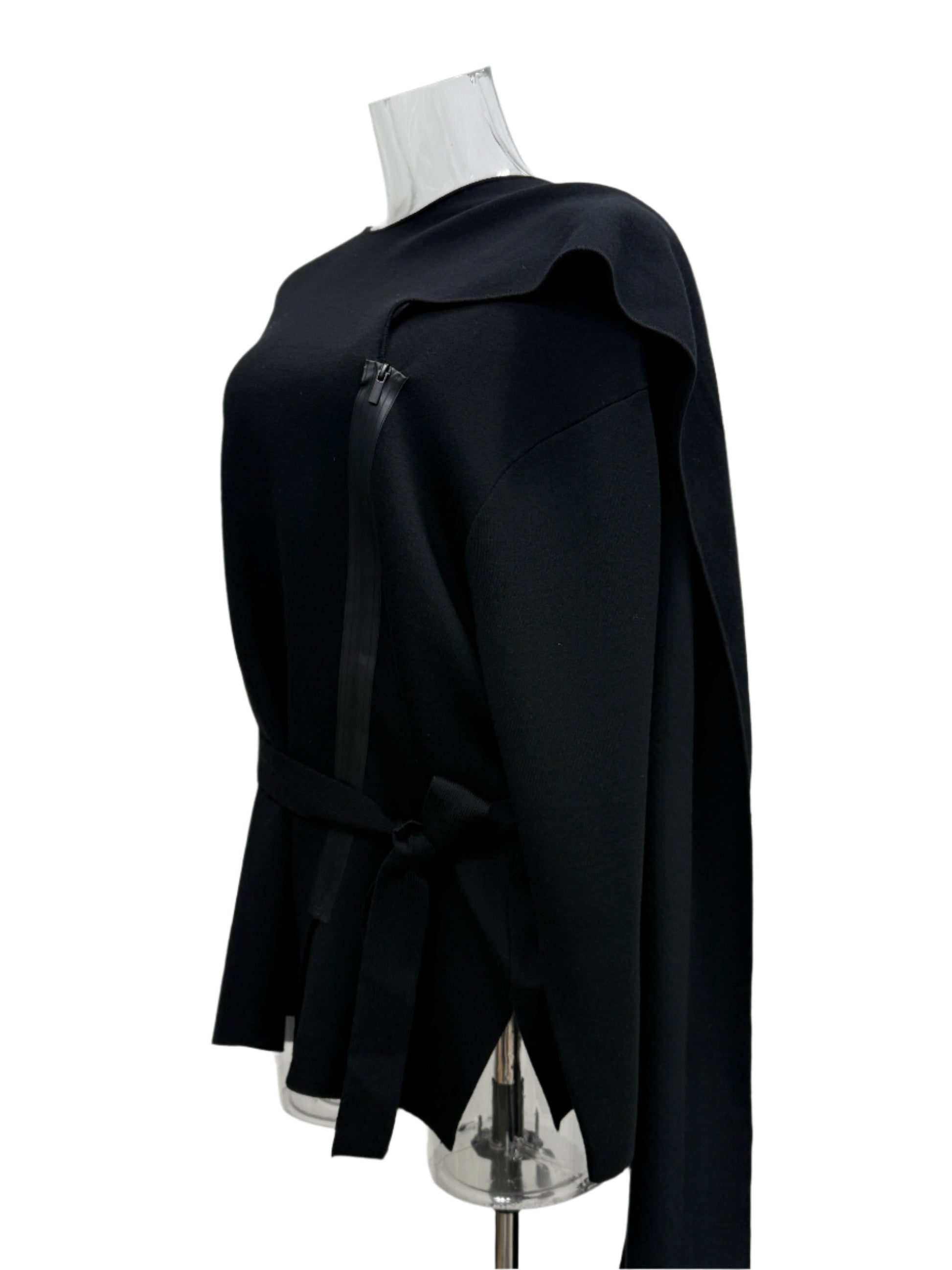 Black Asymmetric Wool Belted Tunic with Rubber‑Zip Detail - GREENIES