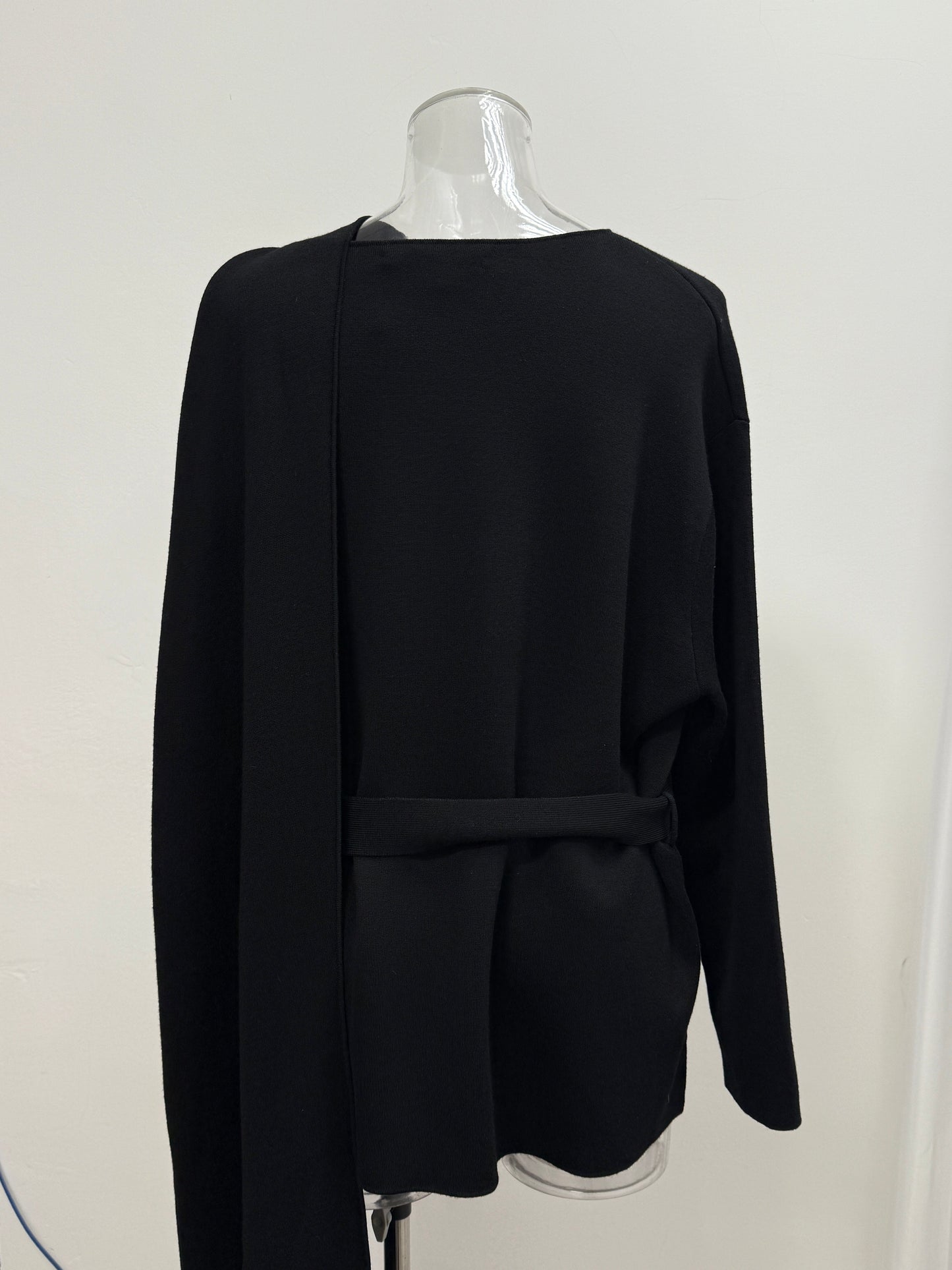 Black Asymmetric Wool Belted Tunic with Rubber‑Zip Detail - GREENIES
