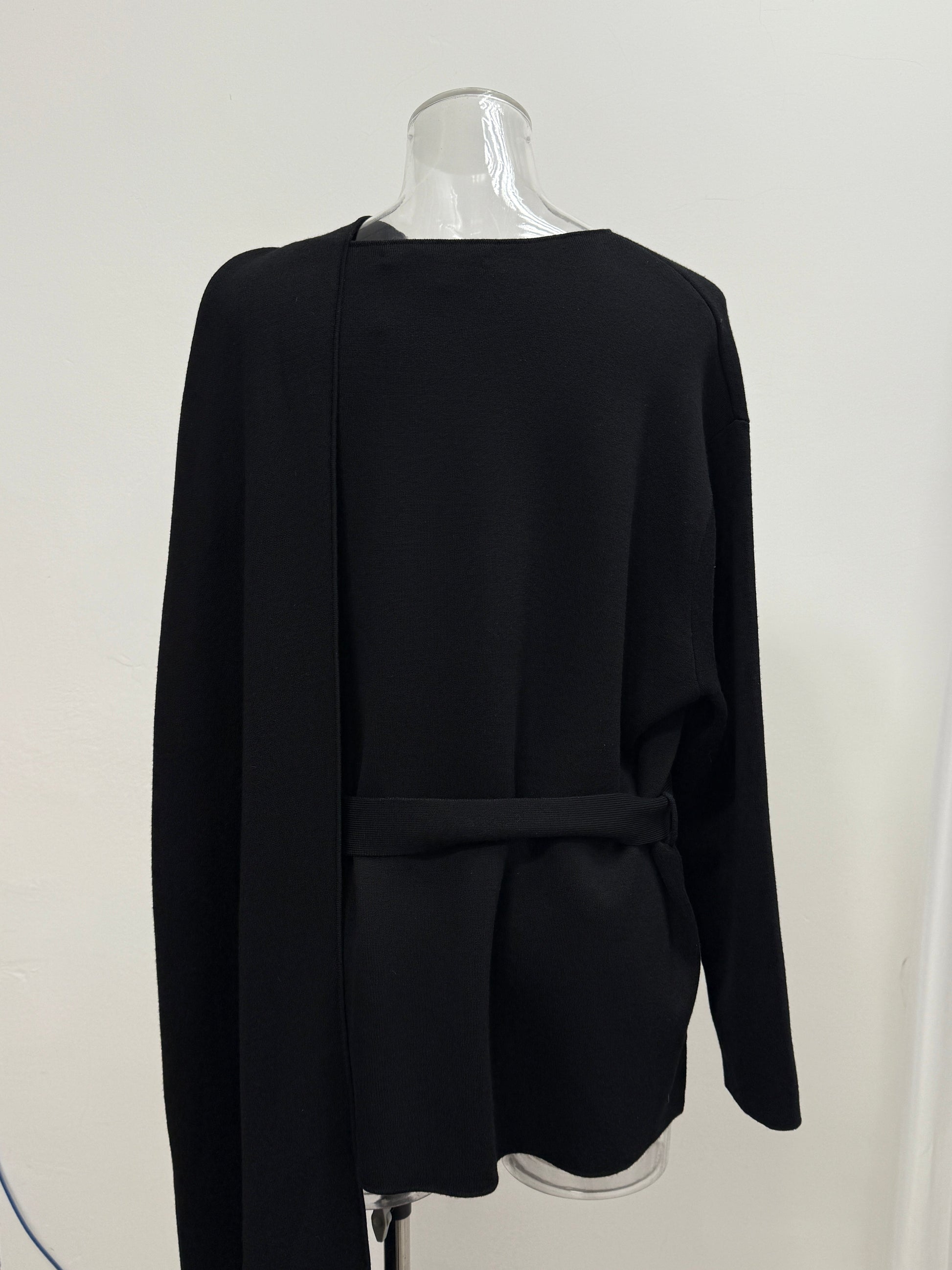 Black Asymmetric Wool Belted Tunic with Rubber‑Zip Detail - GREENIES
