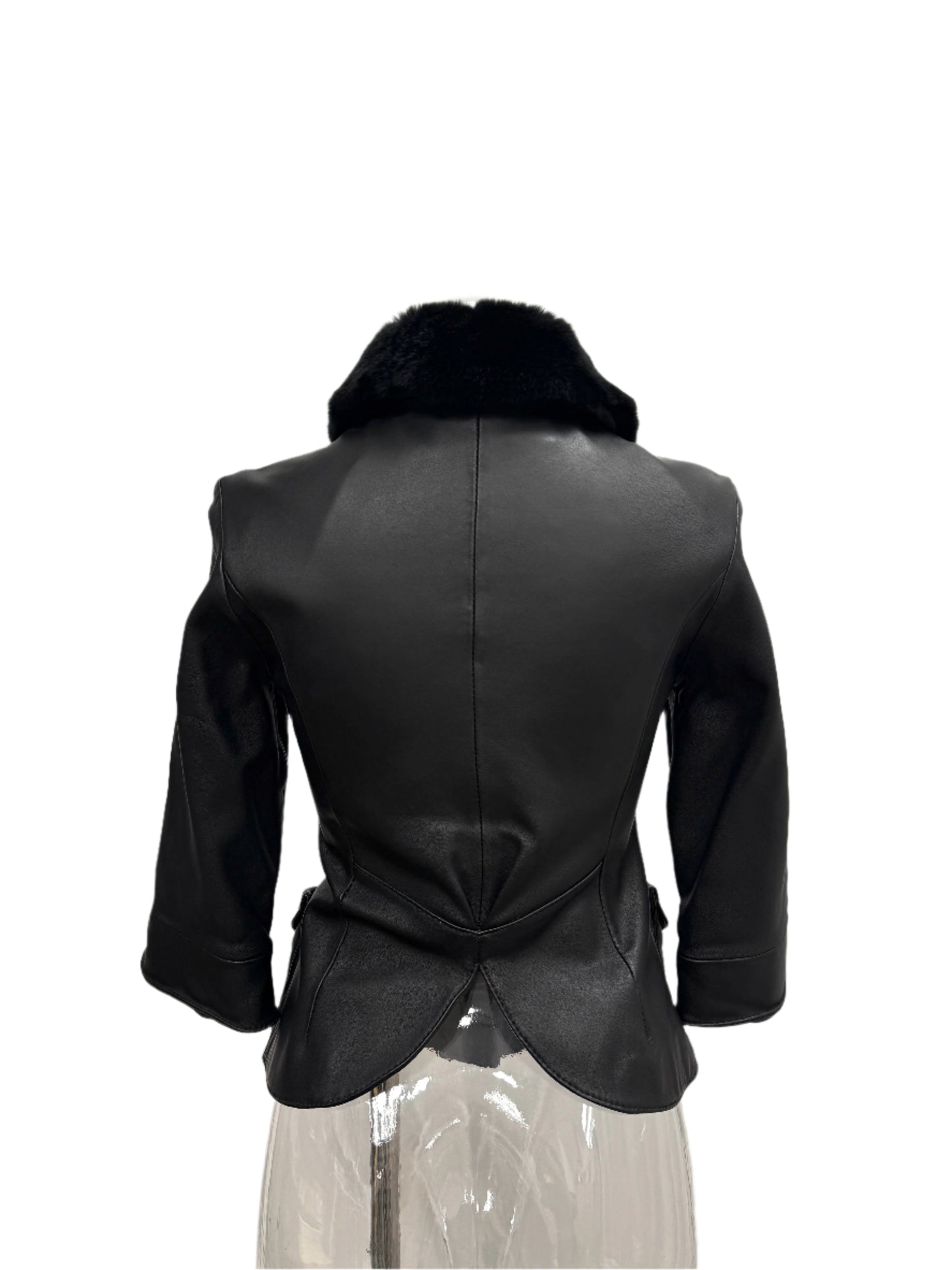 Black Lamb‑Leather Jacket with Plush Fur Collar - GREENIES