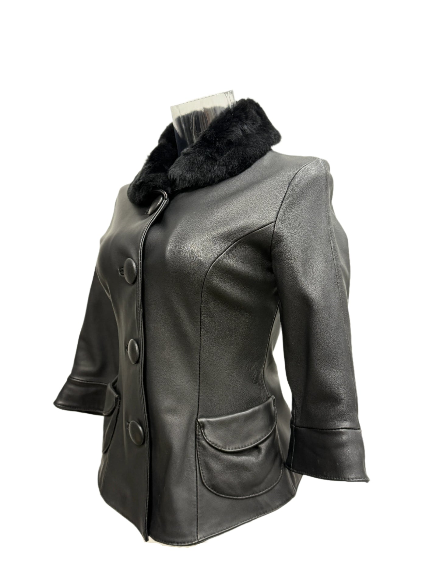 Black Lamb‑Leather Jacket with Plush Fur Collar - GREENIES