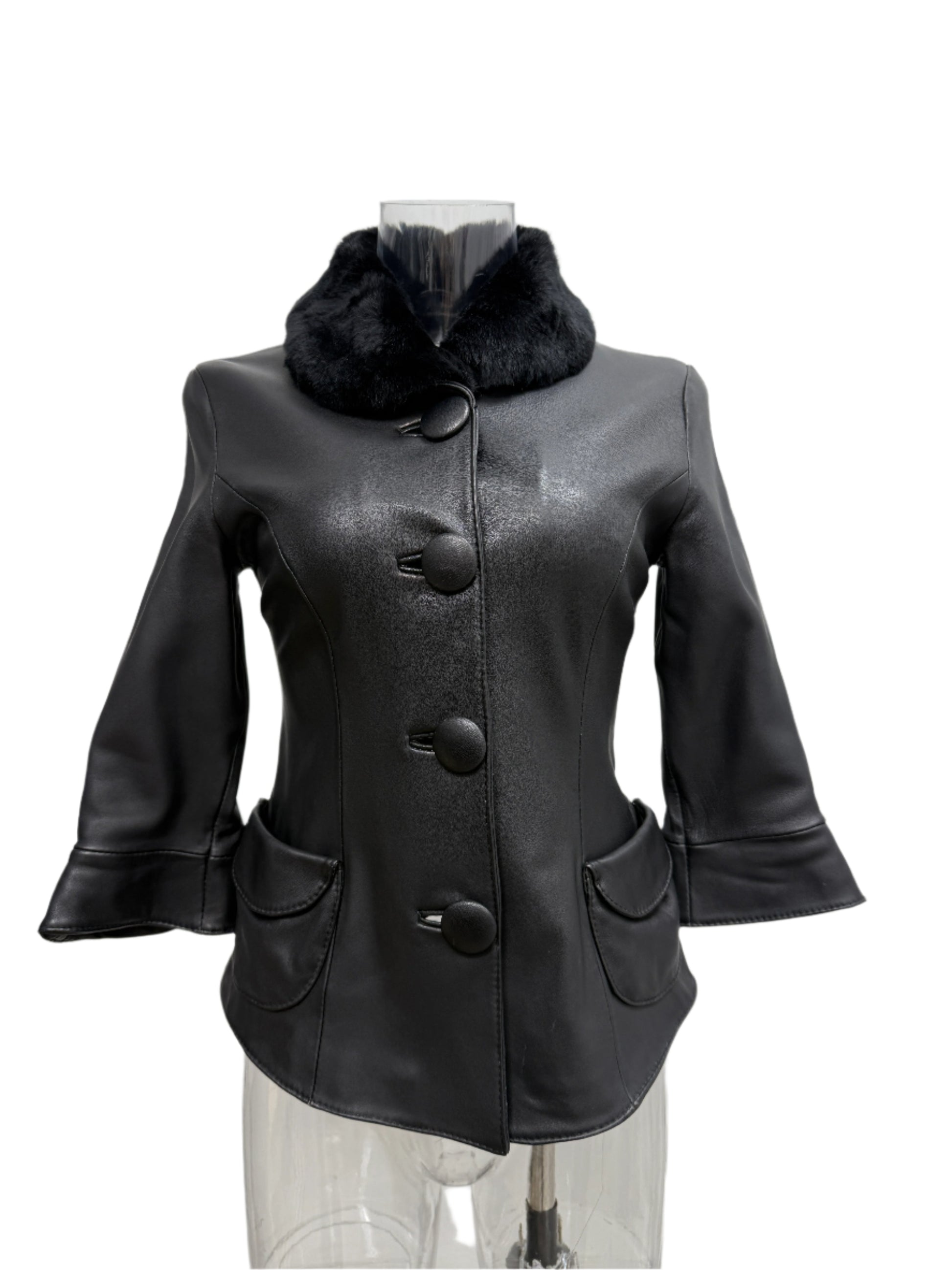 Black Lamb‑Leather Jacket with Plush Fur Collar - GREENIES