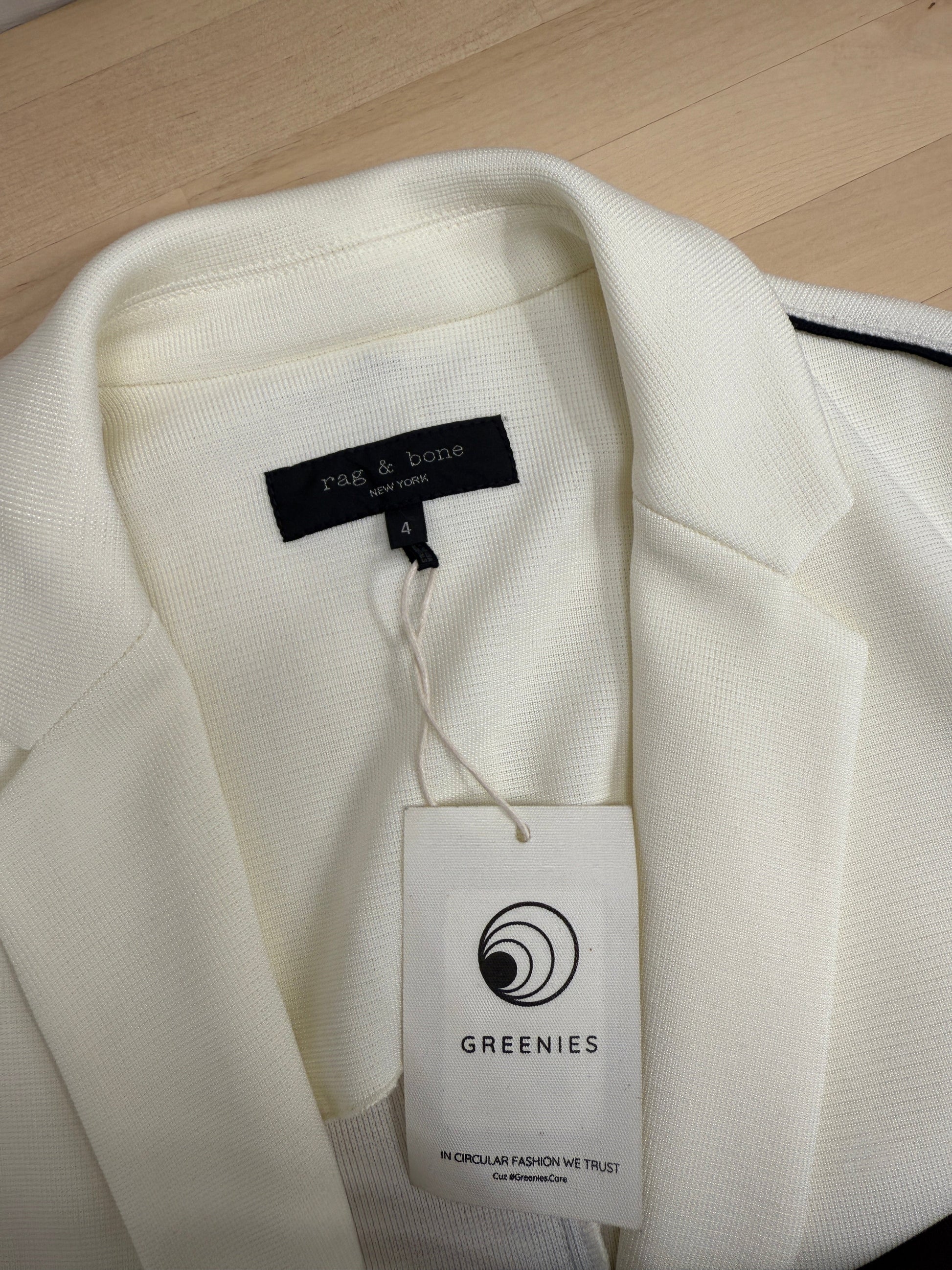 Single‑Button Ivory Knit Blazer with Black Piping - GREENIES