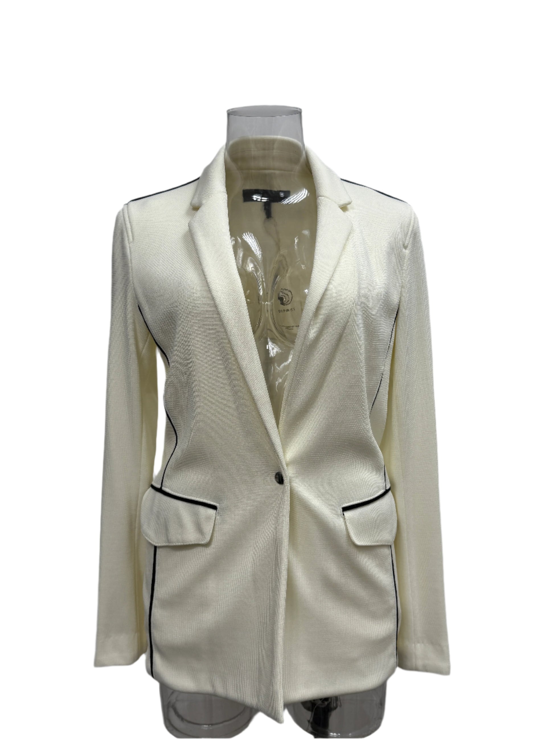 Single‑Button Ivory Knit Blazer with Black Piping - GREENIES
