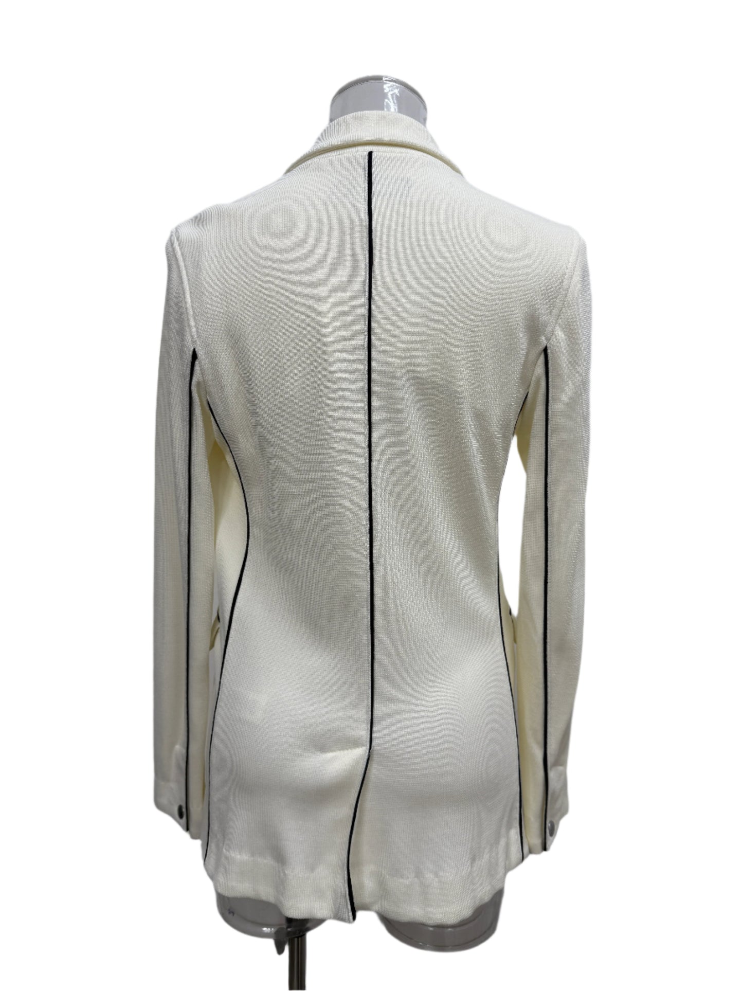 Single‑Button Ivory Knit Blazer with Black Piping - GREENIES