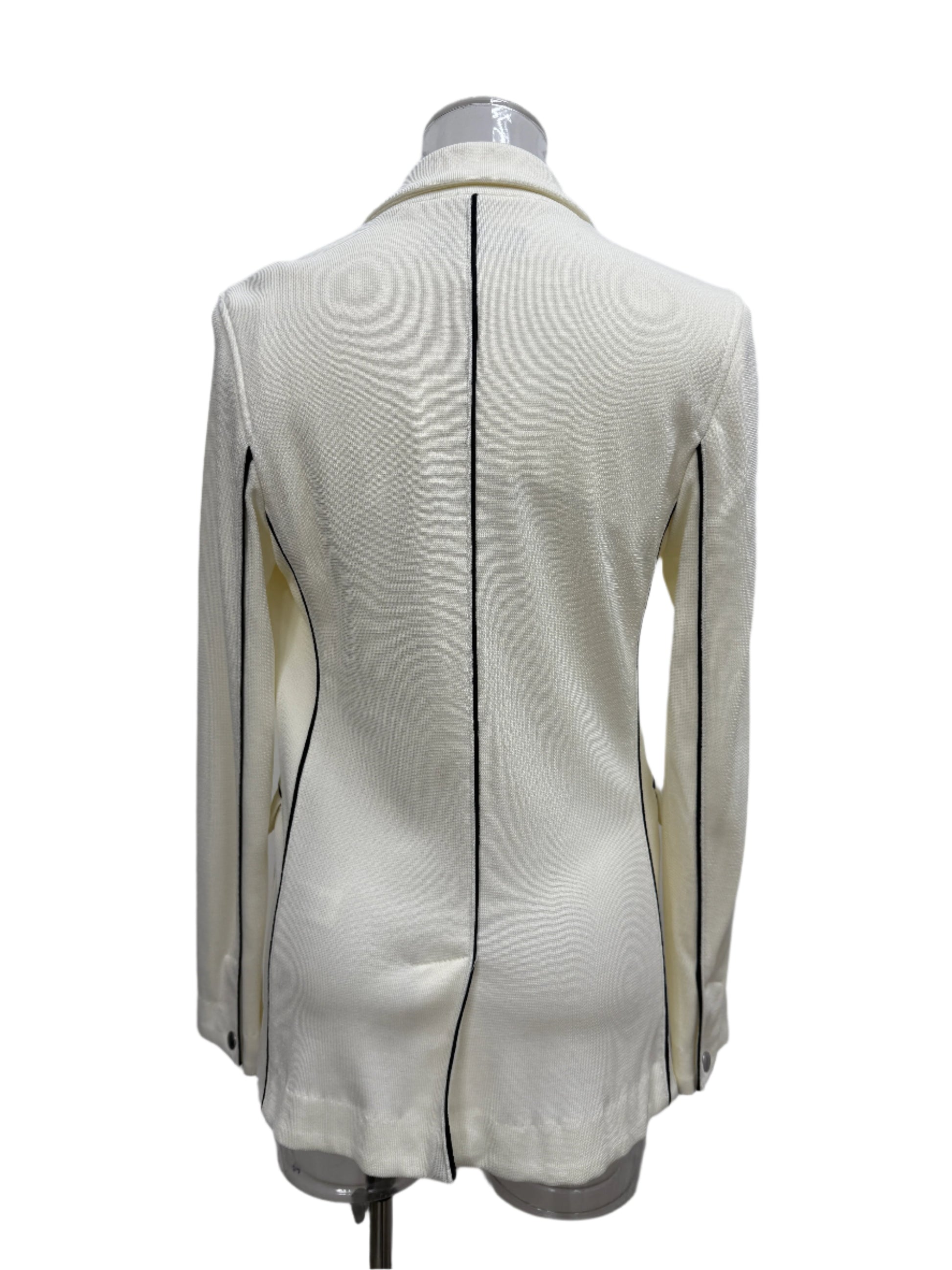 Single‑Button Ivory Knit Blazer with Black Piping - GREENIES