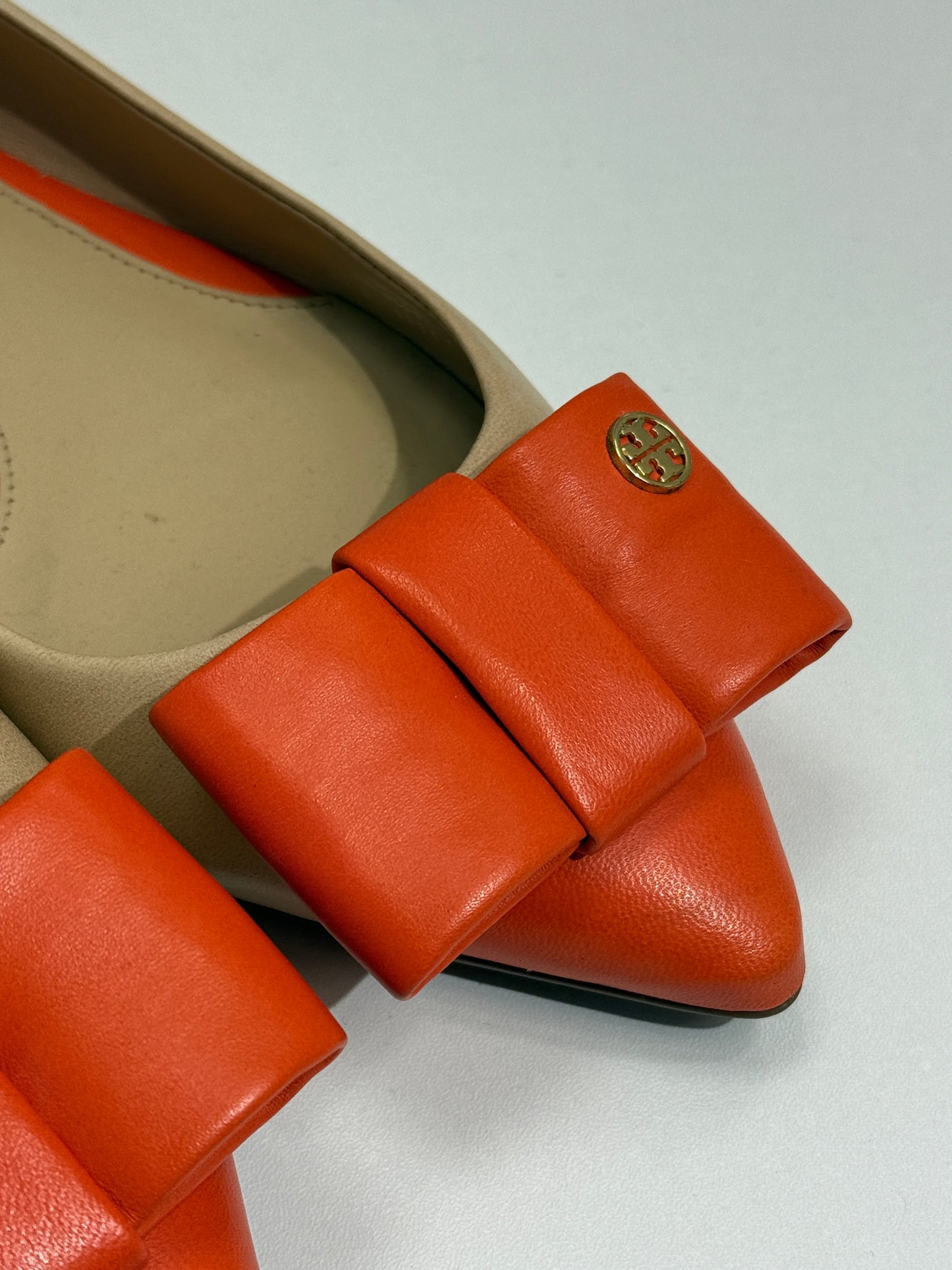 Beige Orange Bow Pointed Flats - GREENIES