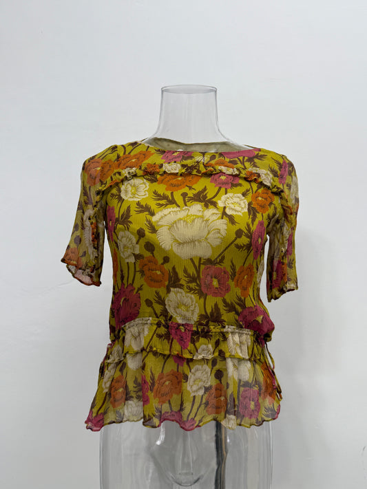 Ruffled Sheer Floral Blouse - GREENIES
