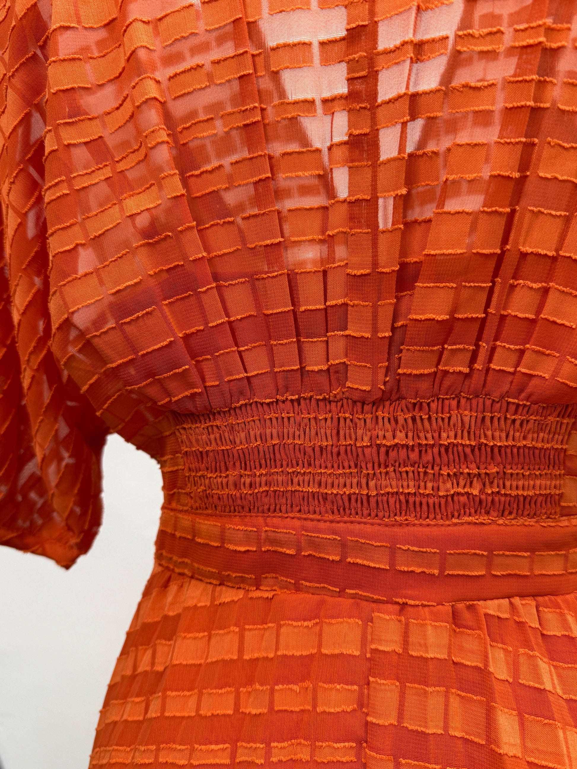 Orange Textured Smocked Waist Dress - GREENIES