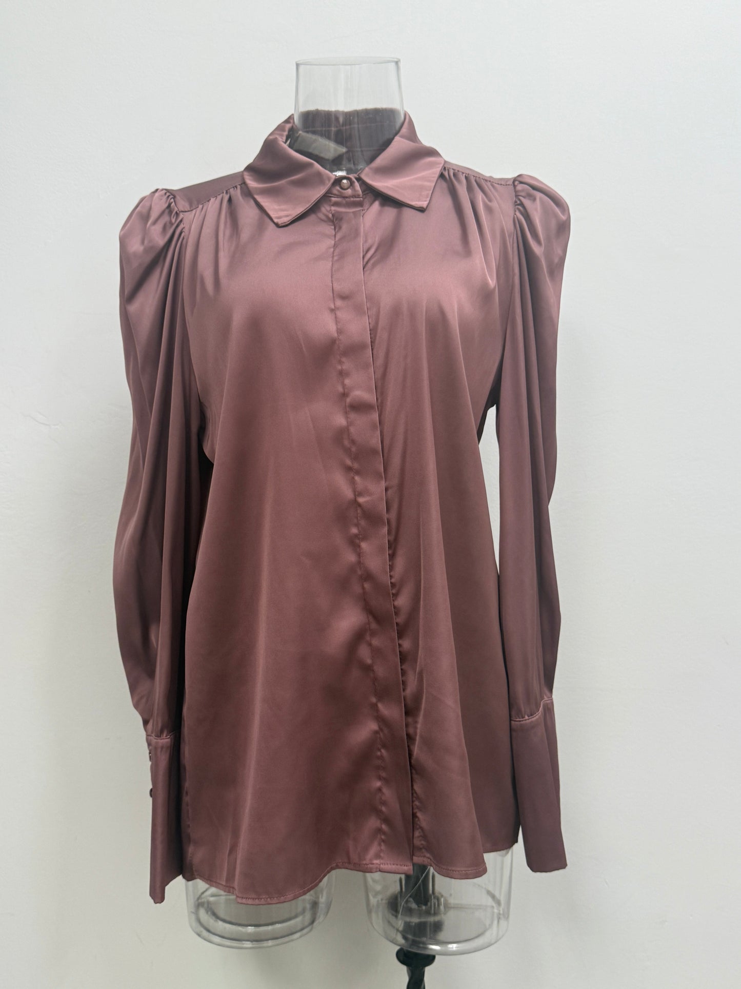 GREENIES tensione in Mauve Satin Puff Sleeve Blouse
