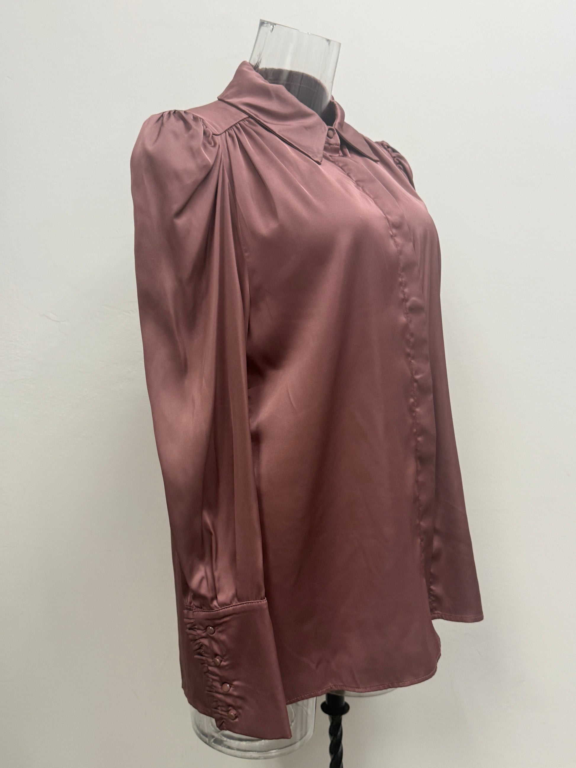 GREENIES tensione in Mauve Satin Puff Sleeve Blouse