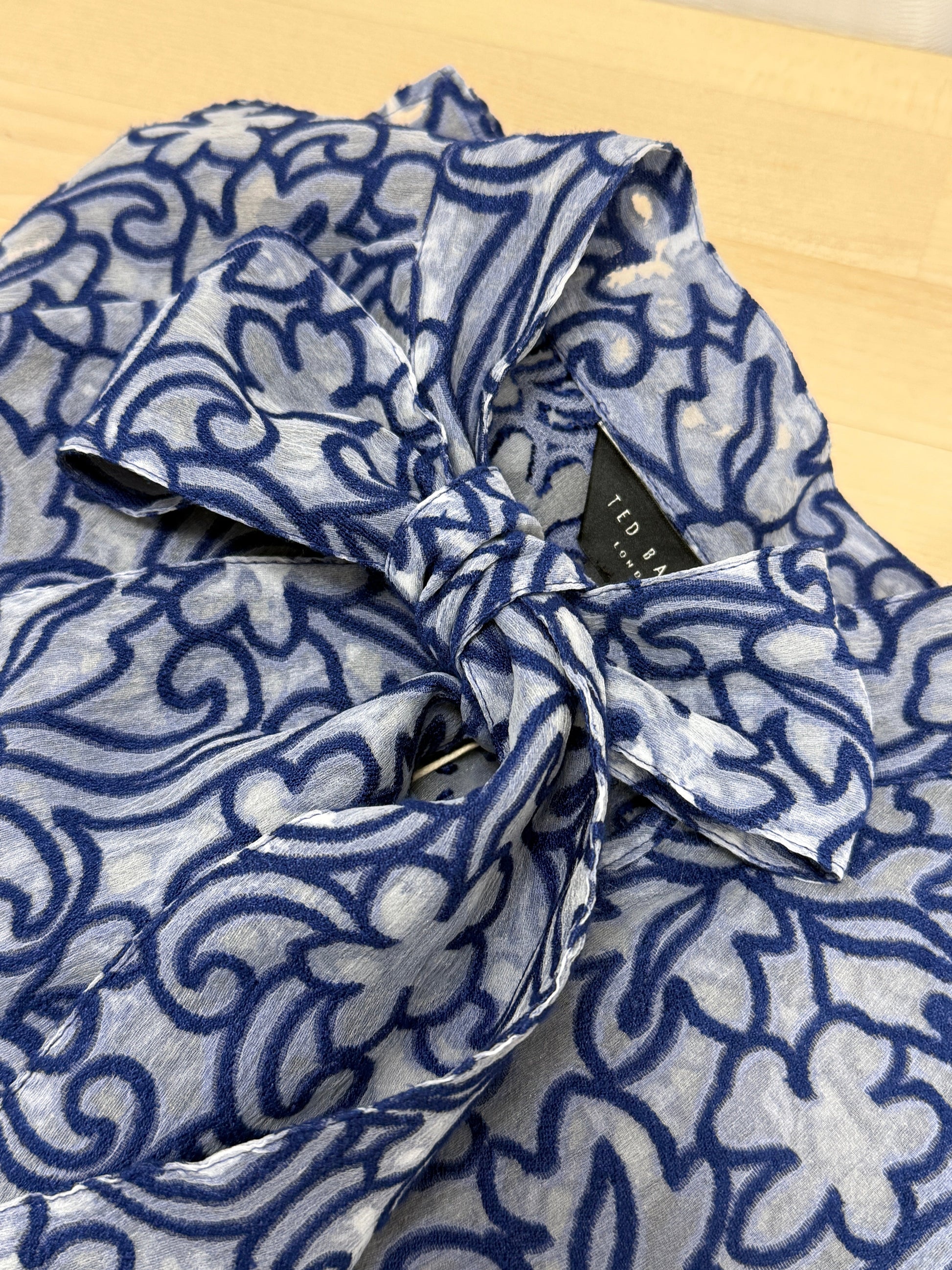 Blue Floral Burnout Tie Neck Blouse - GREENIES