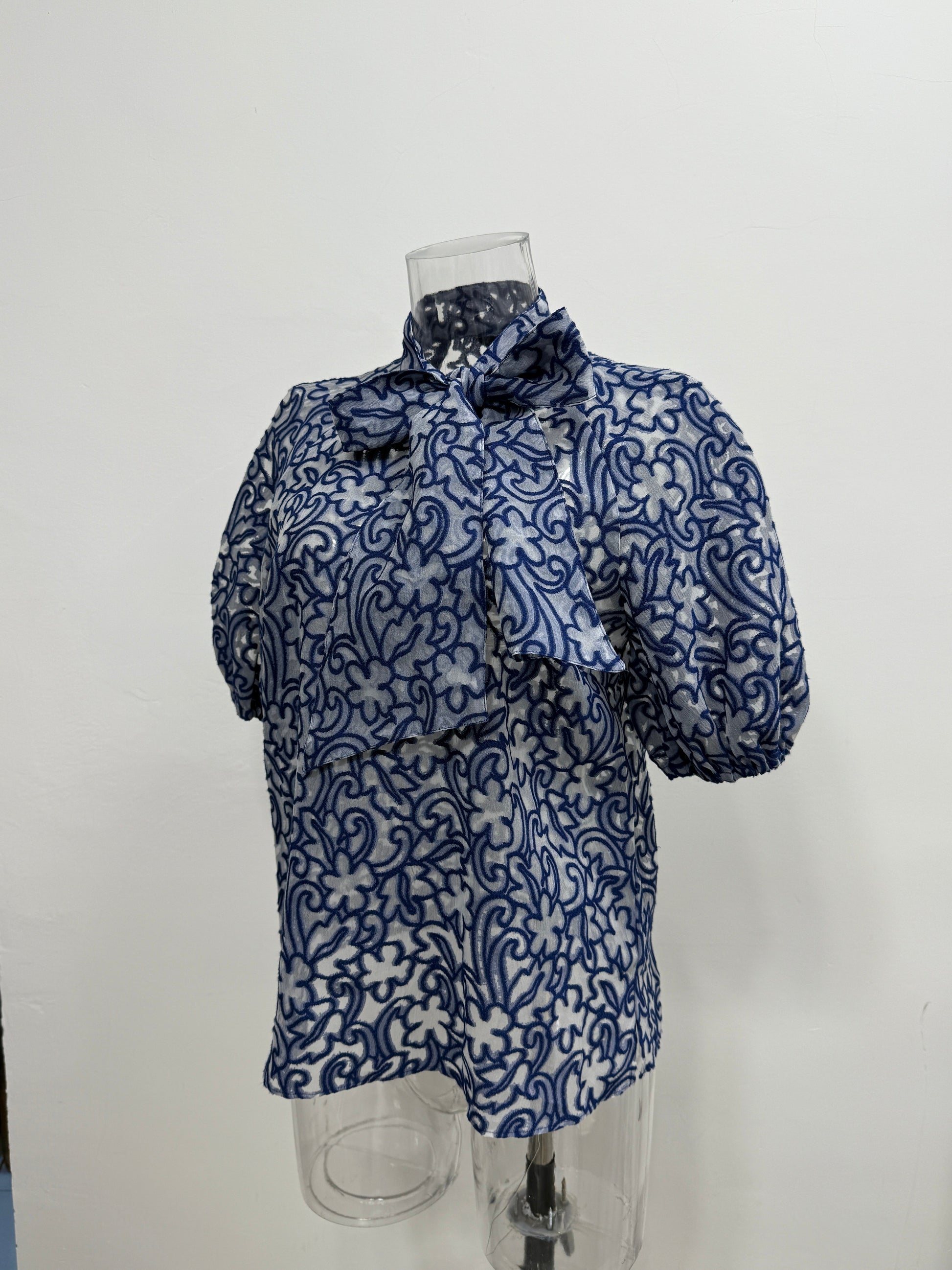 Blue Floral Burnout Tie Neck Blouse - GREENIES