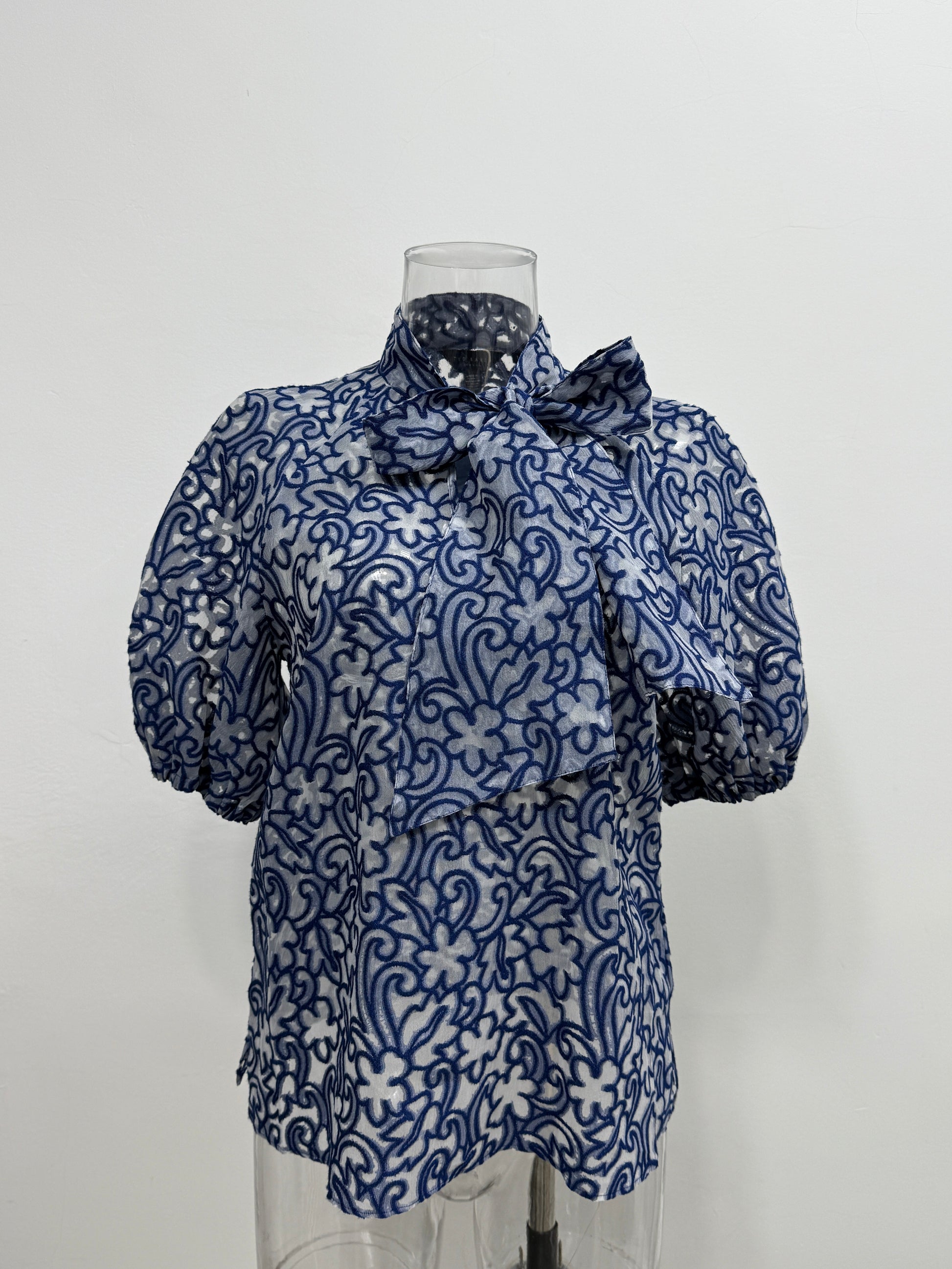 Blue Floral Burnout Tie Neck Blouse - GREENIES