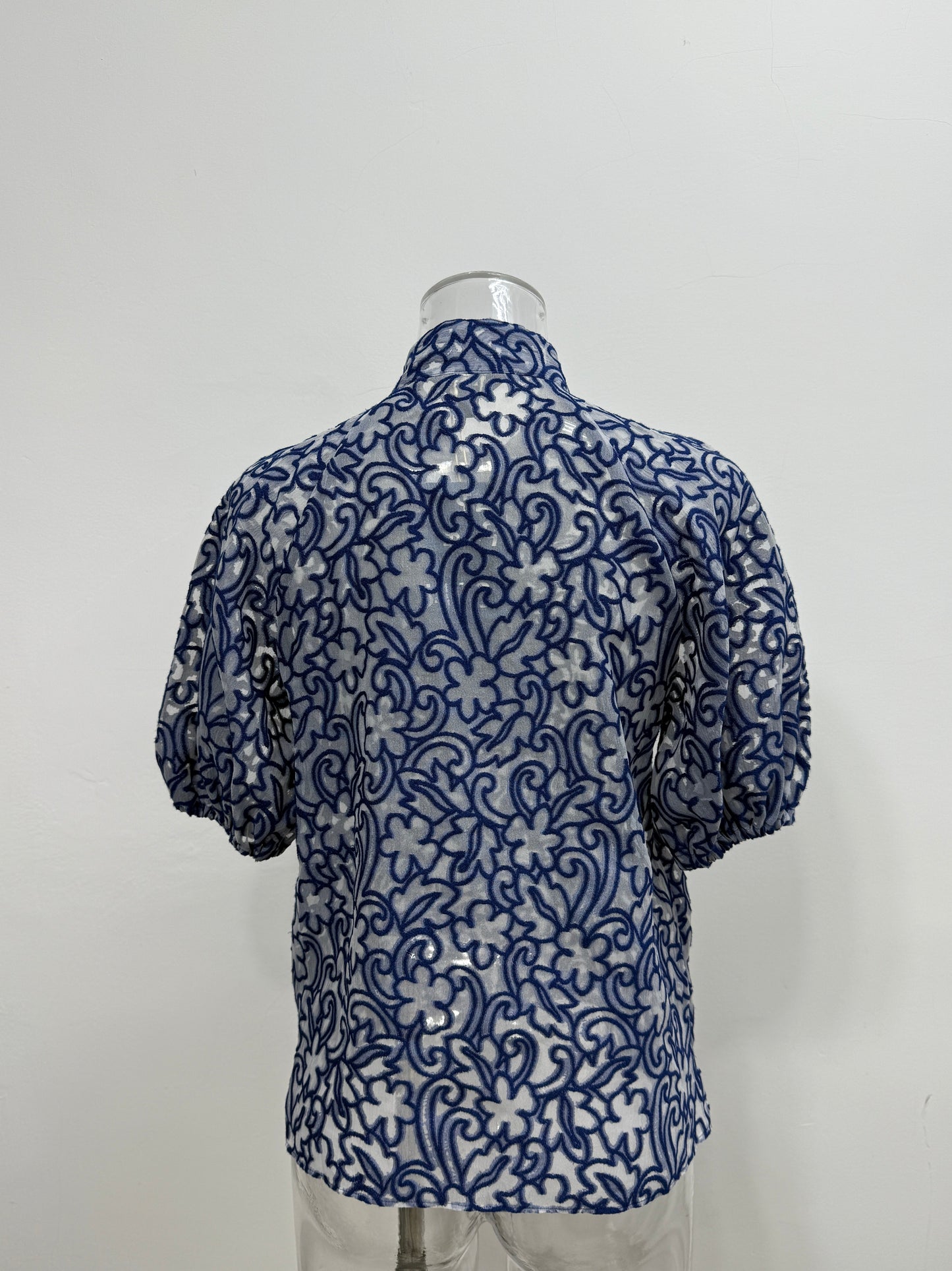 Blue Floral Burnout Tie Neck Blouse - GREENIES