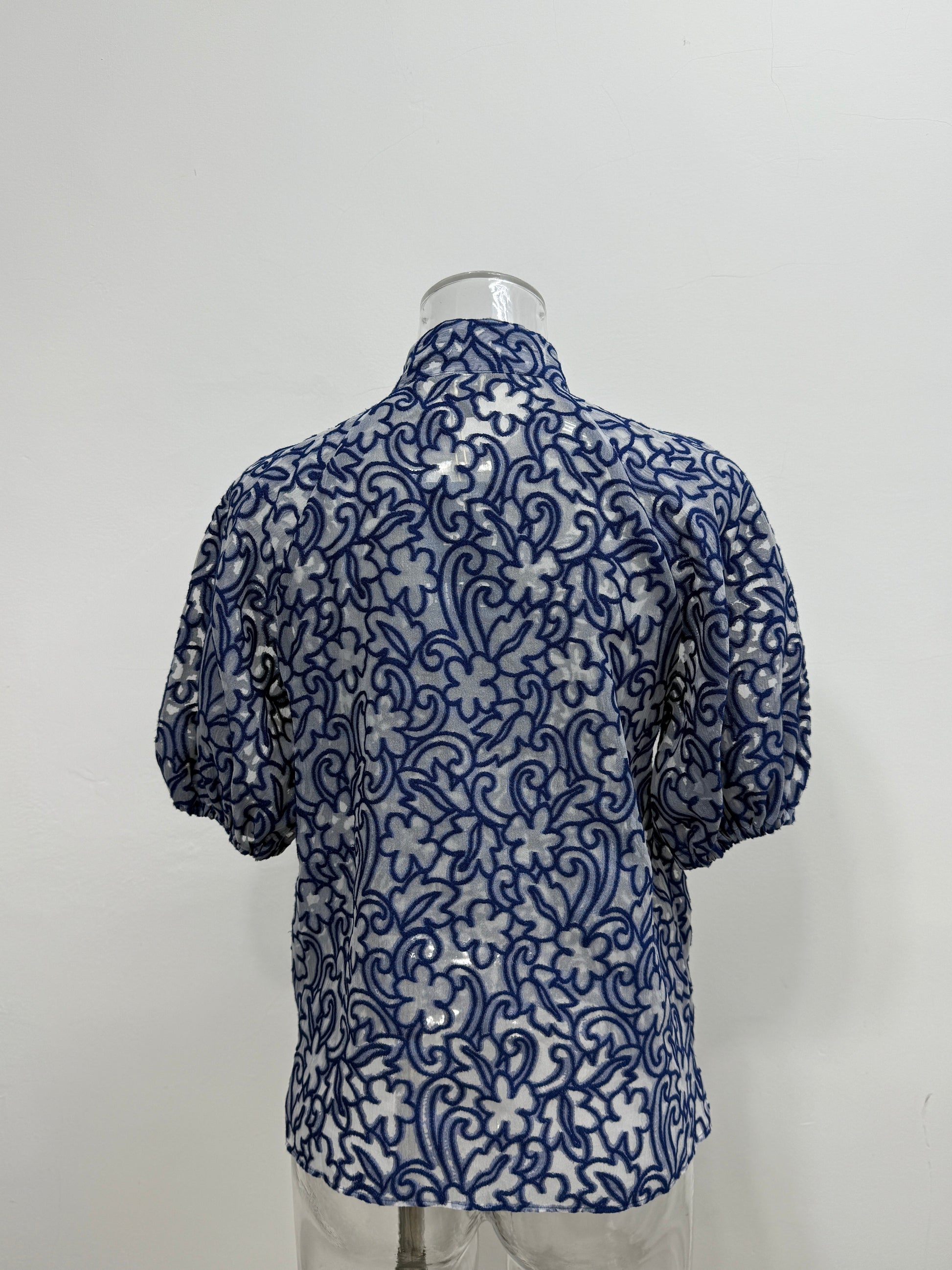 Blue Floral Burnout Tie Neck Blouse - GREENIES