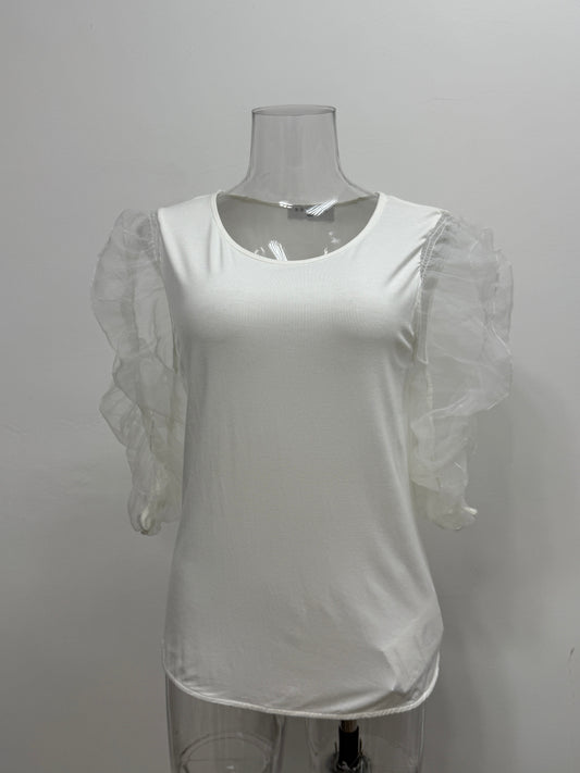 White Top with Sheer Puff Sleeves - GREENIES
