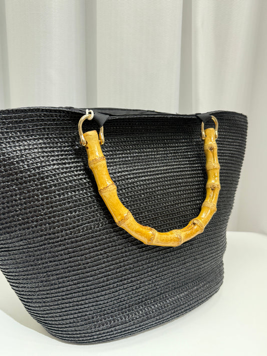 Black Woven Tote with Bamboo Handle - GREENIES