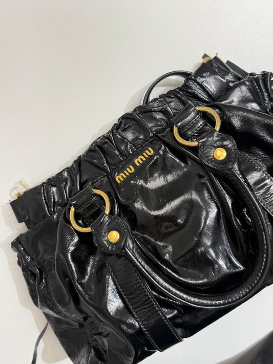 Vitello Lux Glossy Black Leather Bag - GREENIES