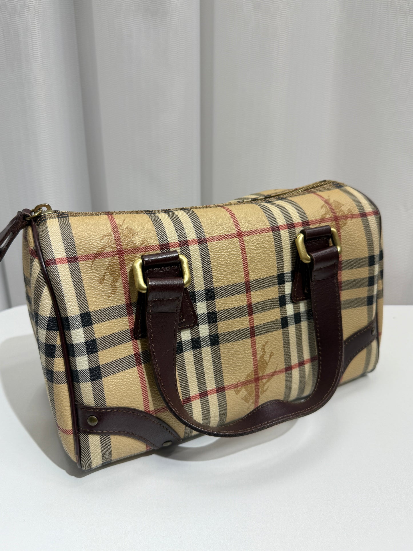 Beige Haymarket Checkered Canvas Boston Bag - GREENIES