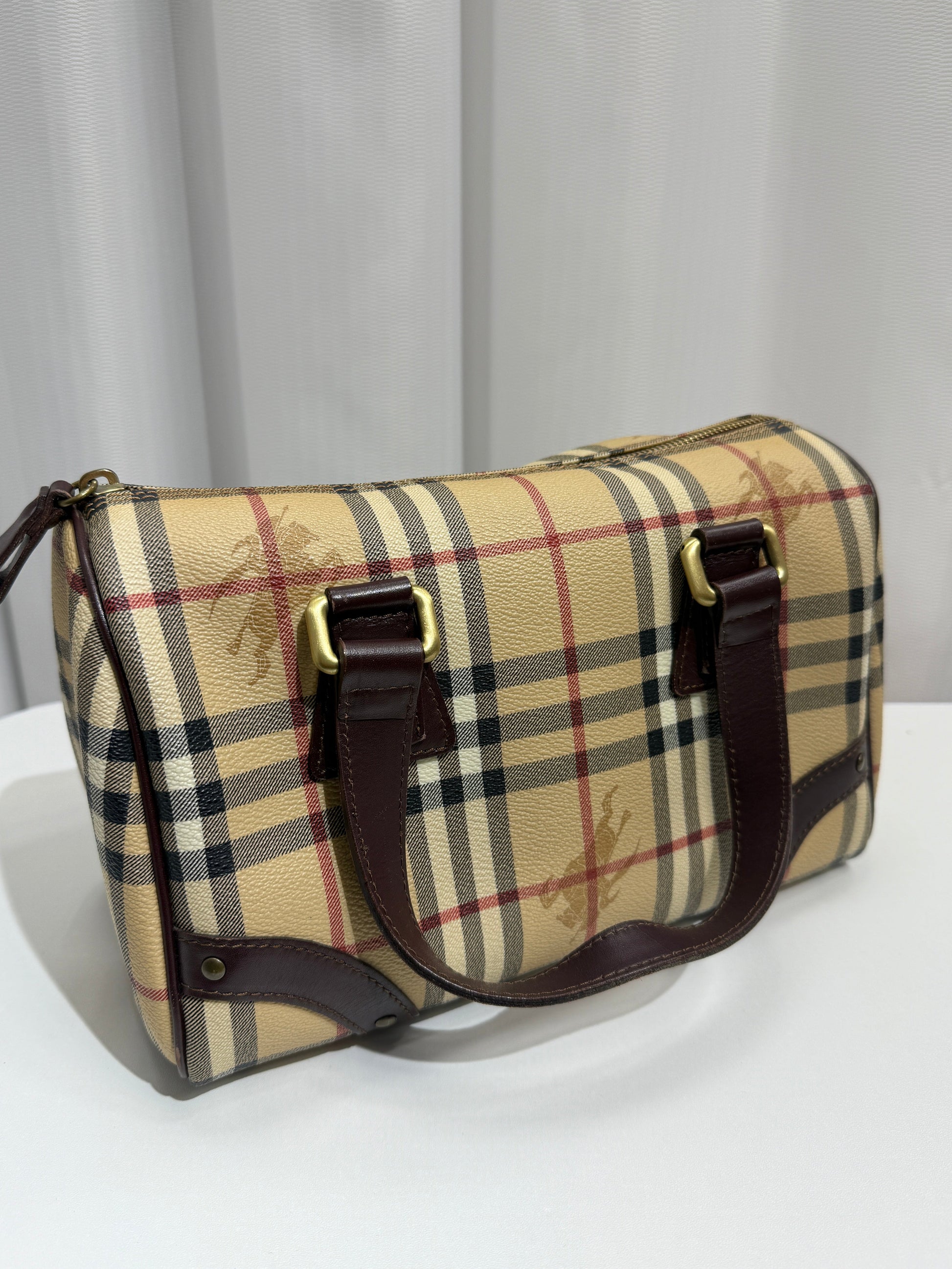 Beige Haymarket Checkered Canvas Boston Bag - GREENIES