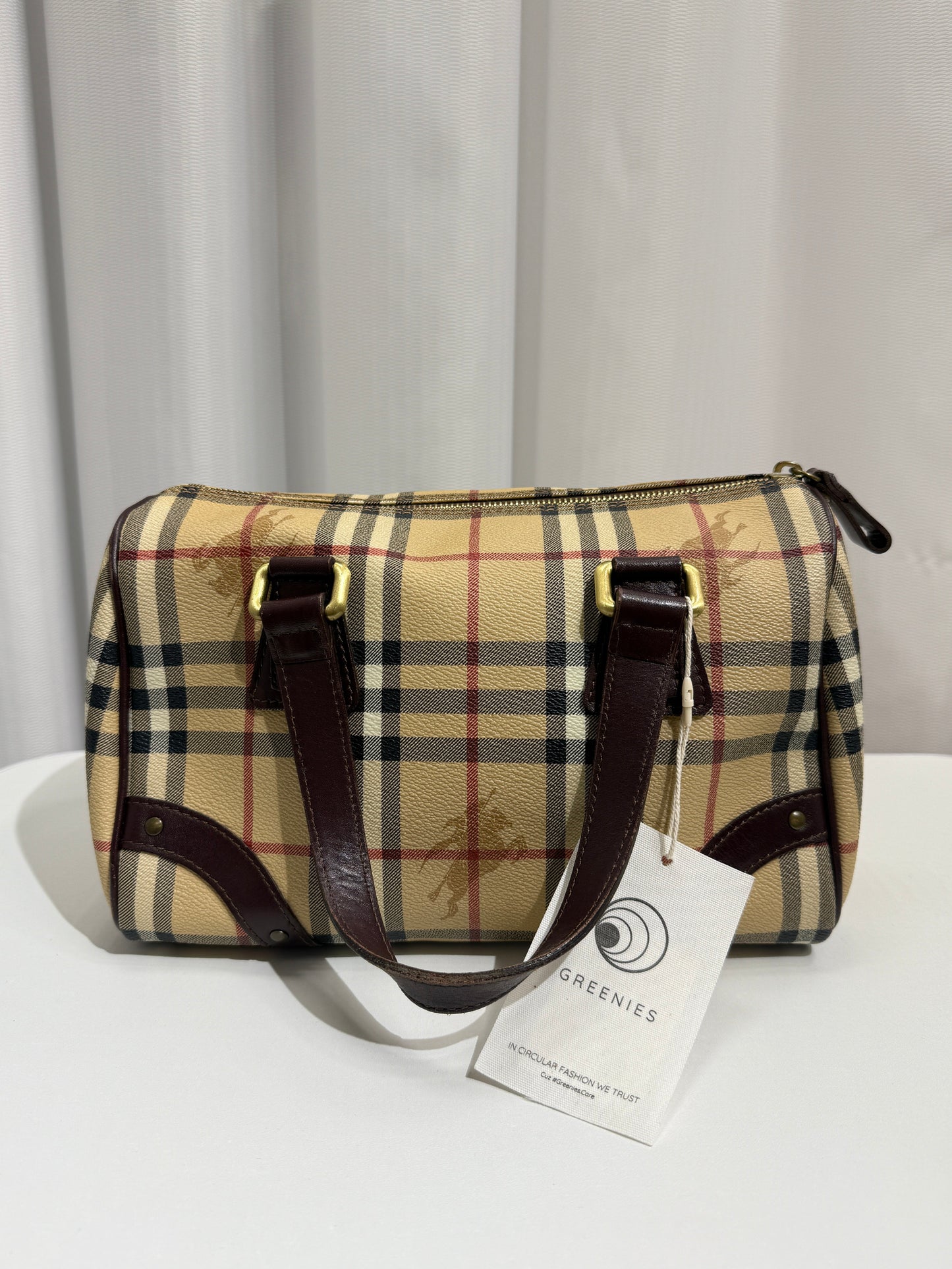 Beige Haymarket Checkered Canvas Boston Bag - GREENIES