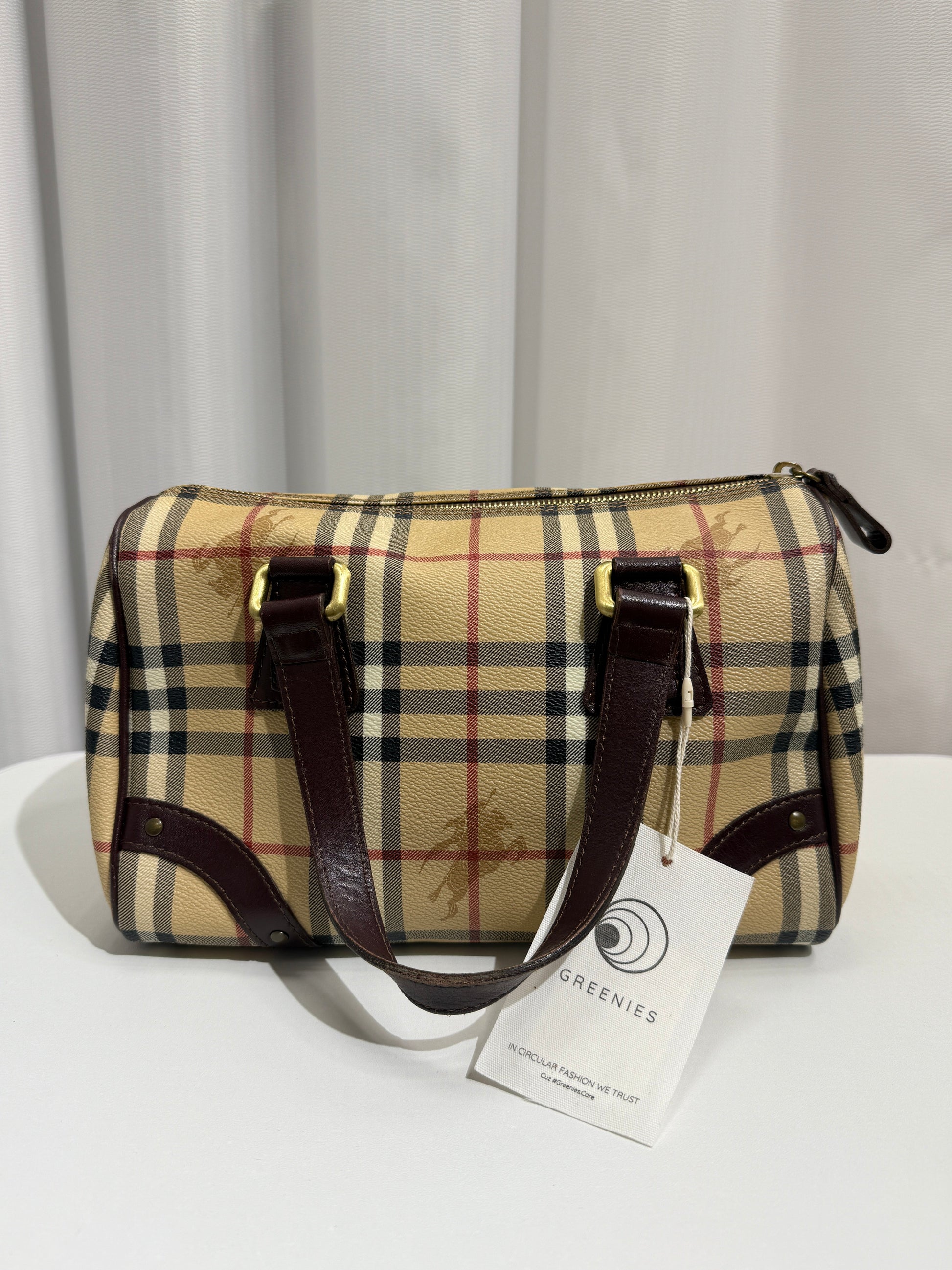 Beige Haymarket Checkered Canvas Boston Bag - GREENIES
