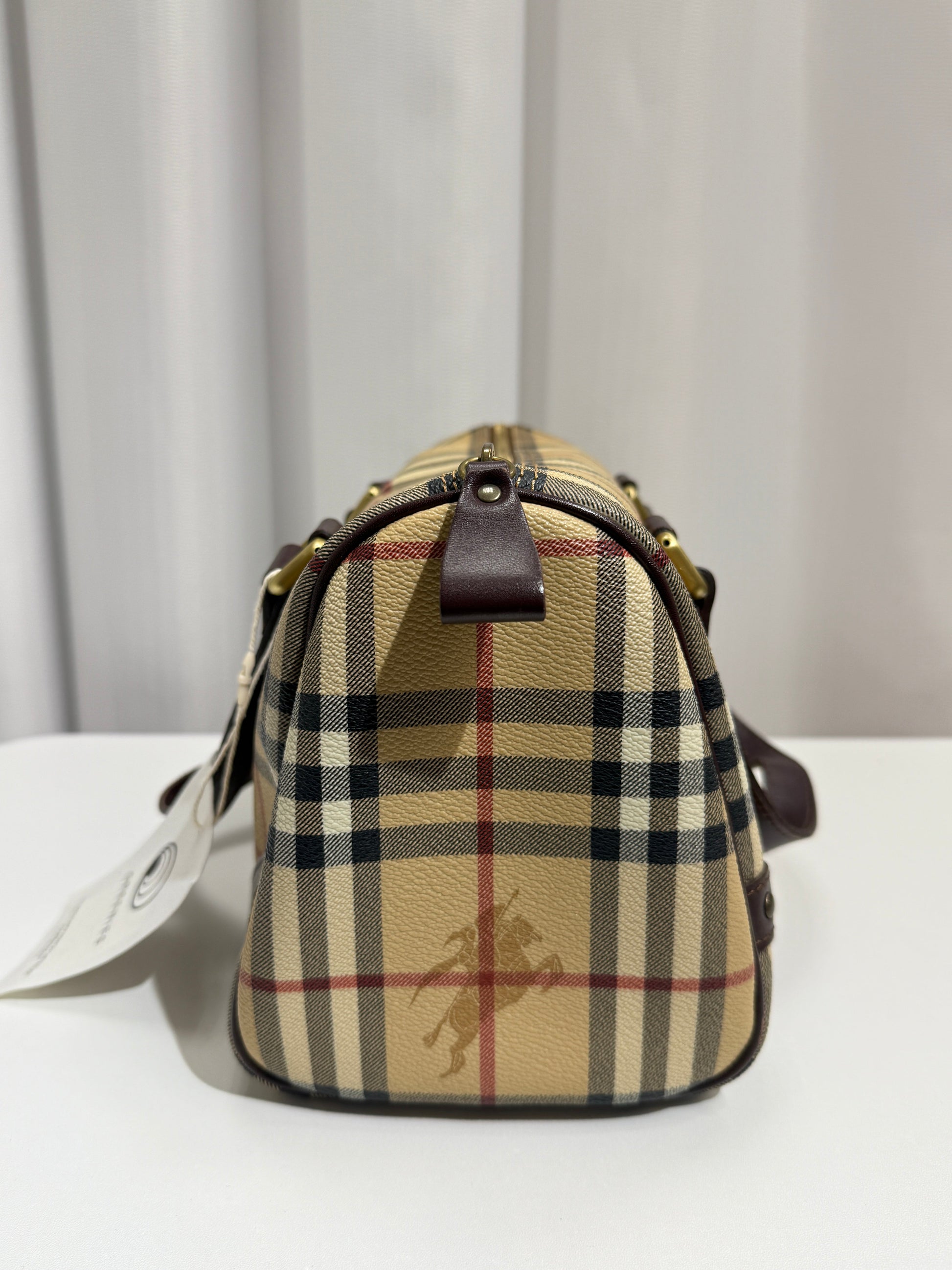 Beige Haymarket Checkered Canvas Boston Bag - GREENIES