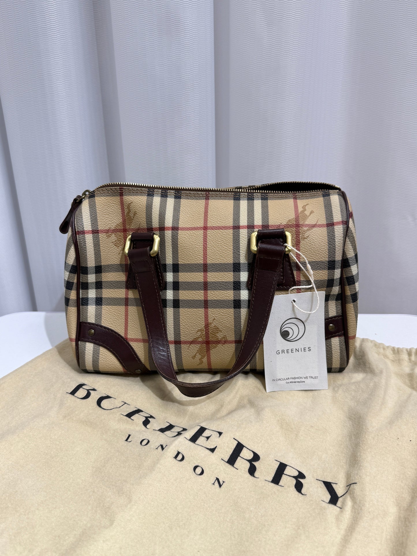 Beige Haymarket Checkered Canvas Boston Bag - GREENIES