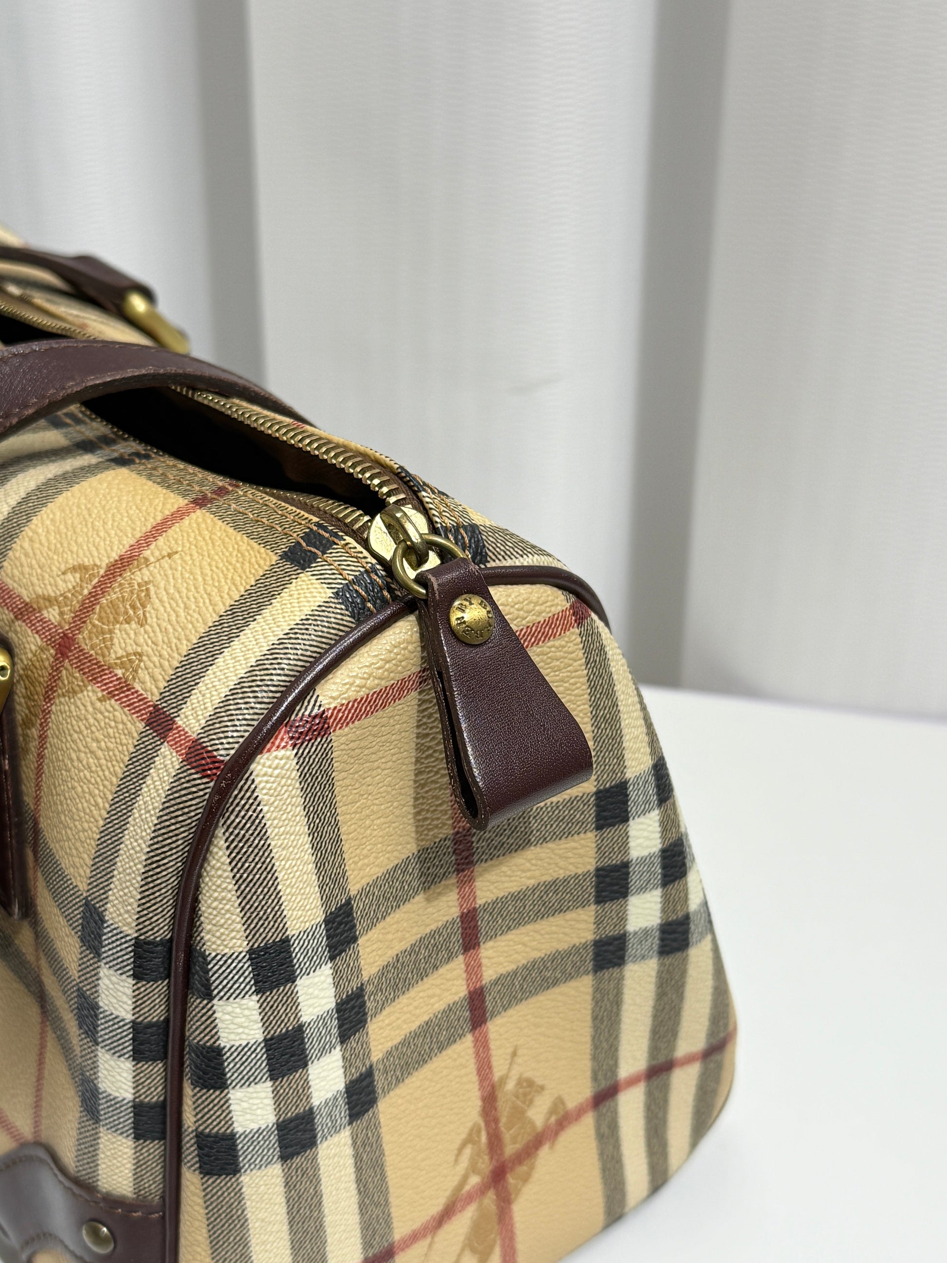 Beige Haymarket Checkered Canvas Boston Bag - GREENIES