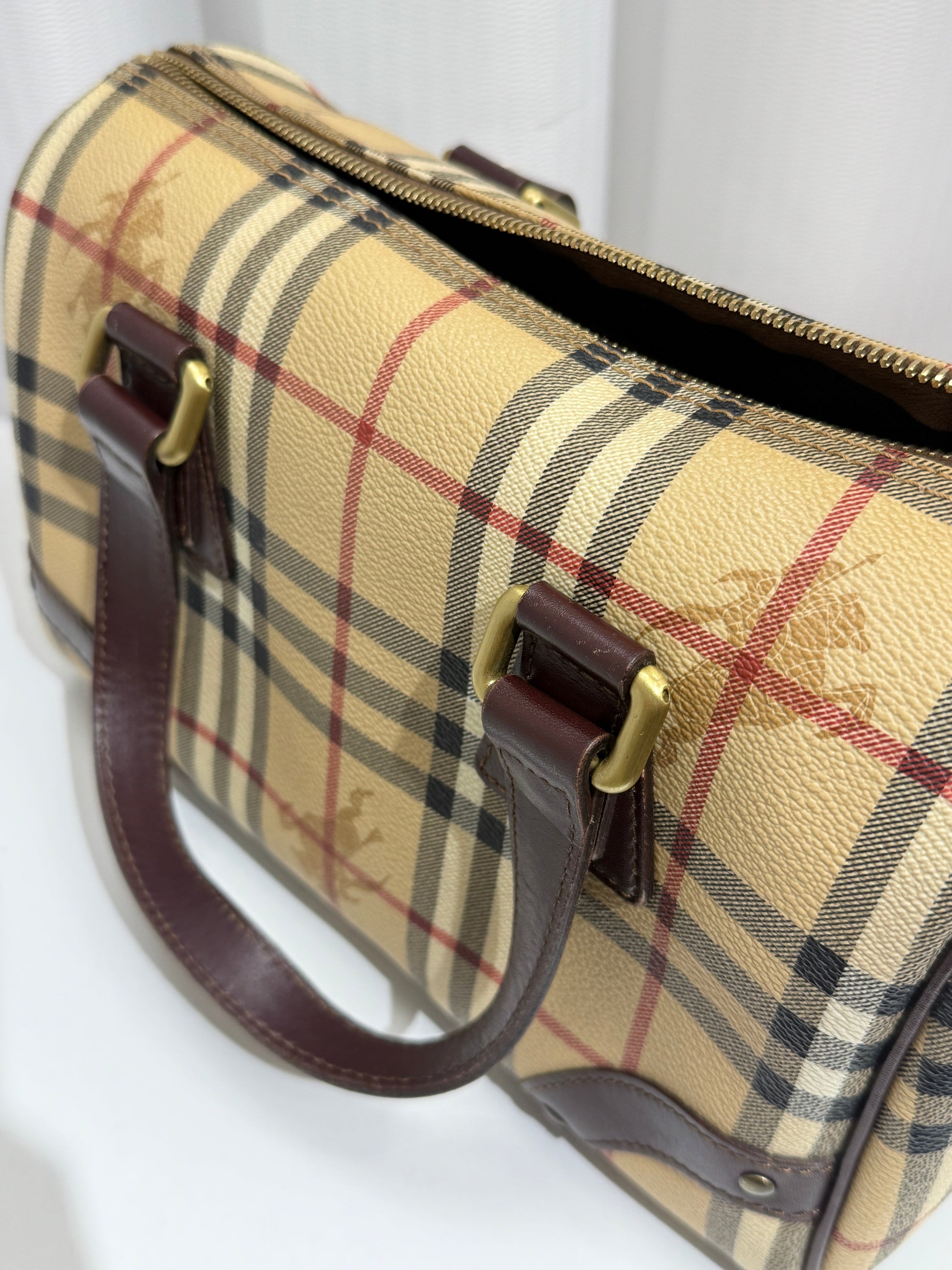 Beige Haymarket Checkered Canvas Boston Bag - GREENIES
