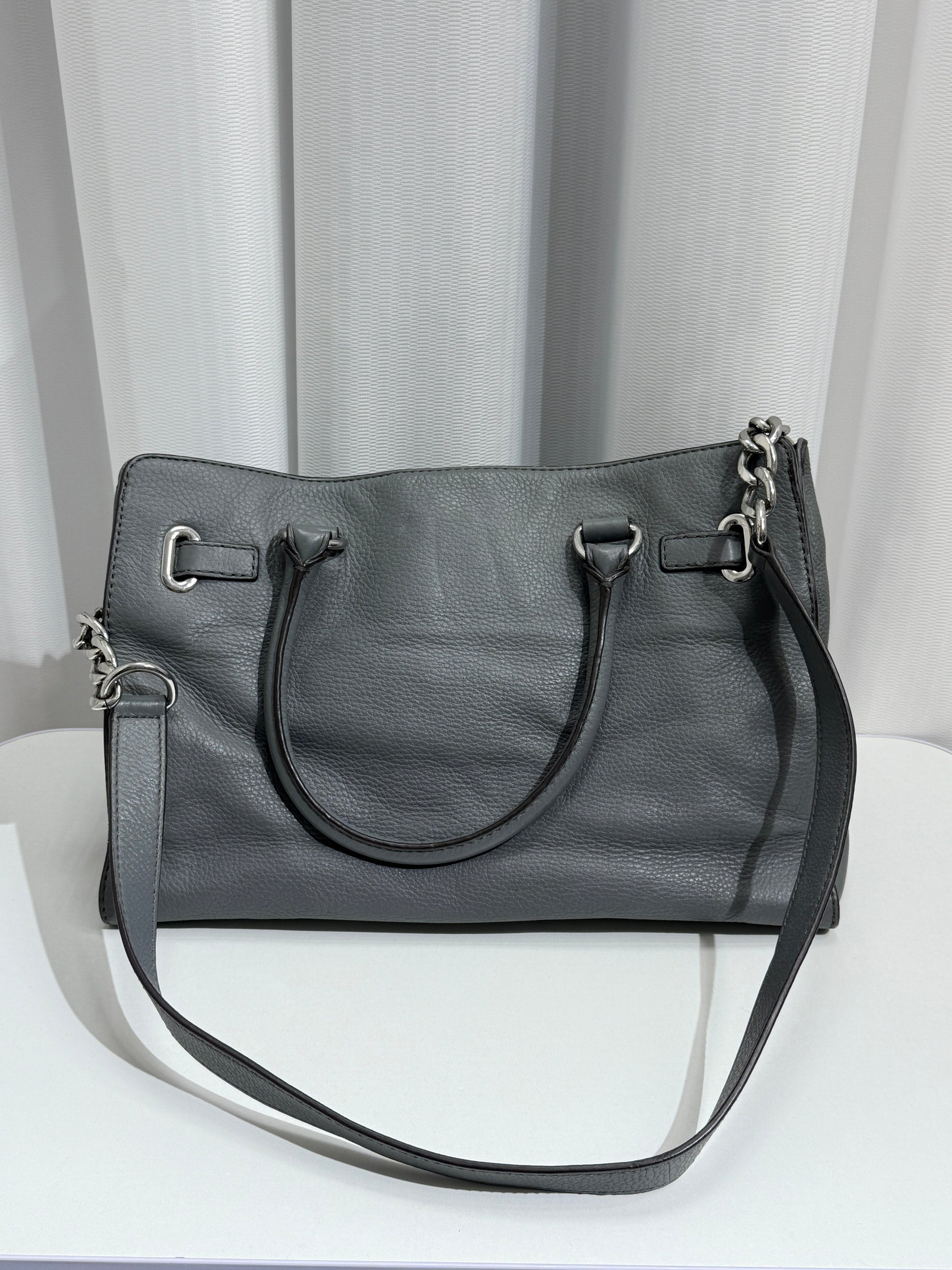Pebbled Gray Satchel with Silver Chain - GREENIES
