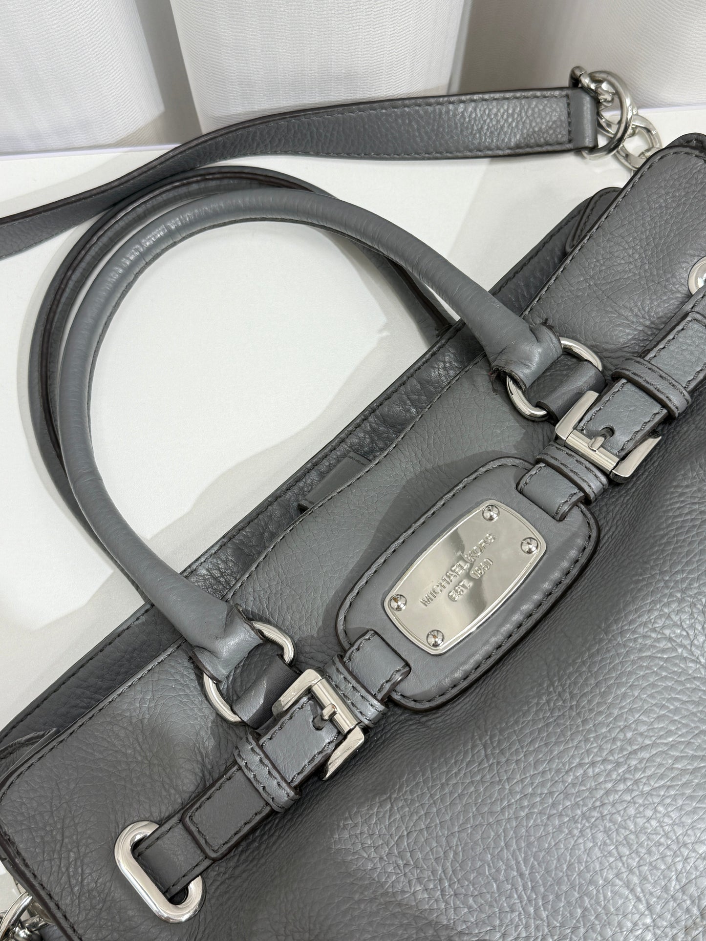 Pebbled Gray Satchel with Silver Chain - GREENIES
