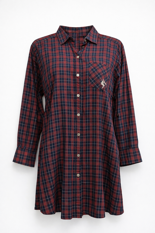 Red Navy Check Long Shirt Dress
