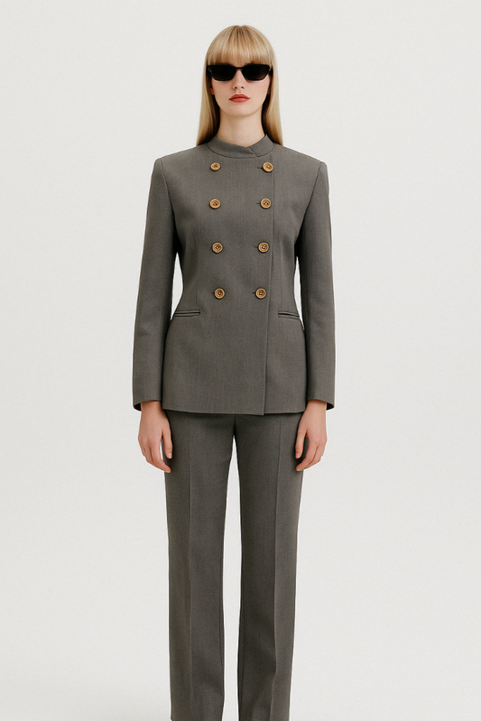 Tailored Mandarin‑Collar Gray Double‑Breasted Suit - GREENIES