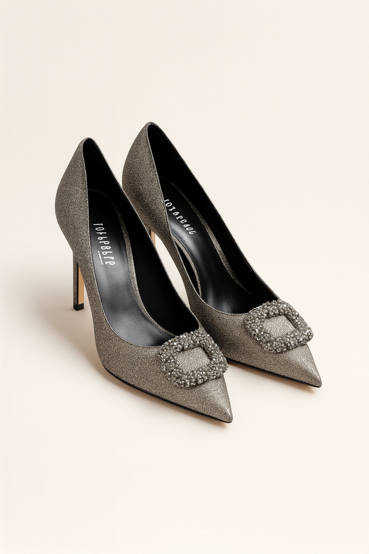 Silver Glitter Heels with Crystal Buckle - GREENIES